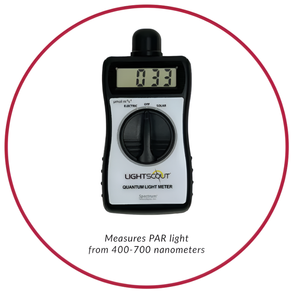 LightScout handheld light meter with digital display and control dial, designed for accurate light intensity measurement in agriculture, greenhouse, and environmental monitoring applications.