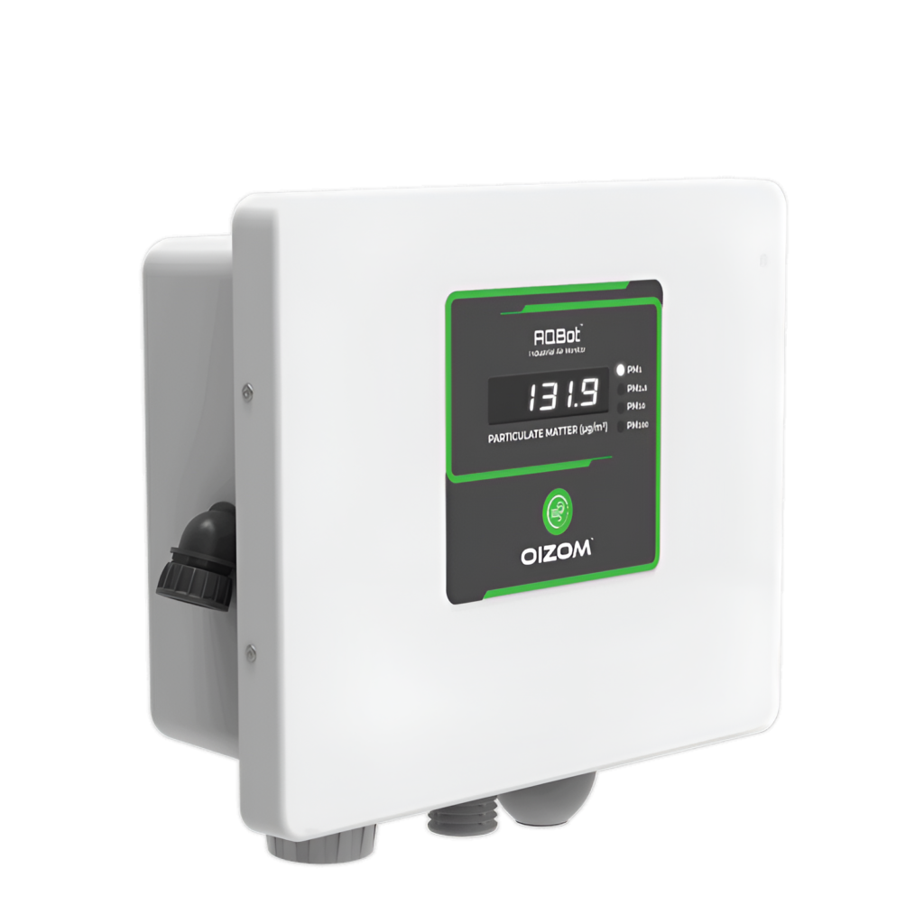 AQBot industrial air quality monitor displaying real-time particulate matter data (PM1, PM2.5, PM10