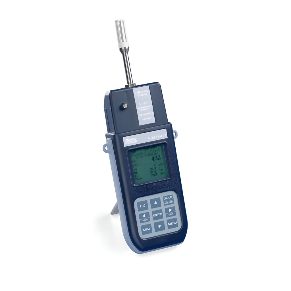 Portable indoor air quality monitor measuring CO₂, temperature, humidity, and atmospheric pressure
