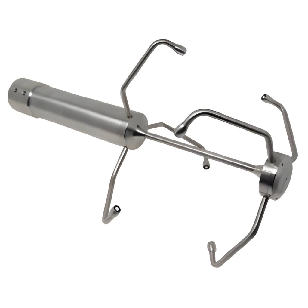 Horizontal view of 3-axial ultrasonic anemometer with stainless steel sensor arms, used for accurate three-dimensional wind speed and direction monitoring in meteorological applications.