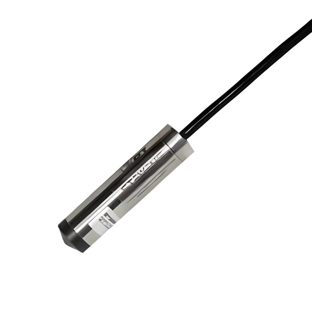 Submersible pressure transducer with stainless steel cylindrical body and cable connection, designed for accurate water level, pressure, and groundwater monitoring applications.
