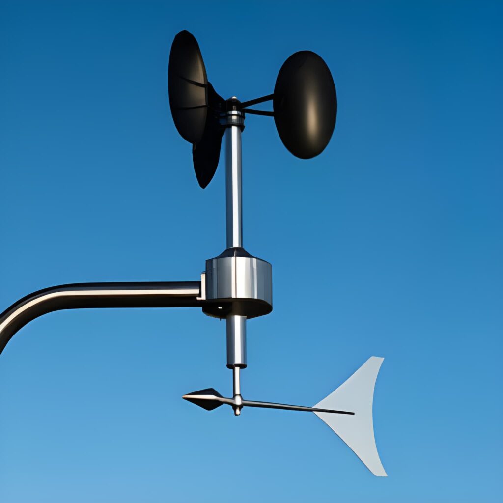Wind speed and direction sensor with cup anemometer and precision wind vane, mounted for accurate wind monitoring in weather stations and environmental applications.
