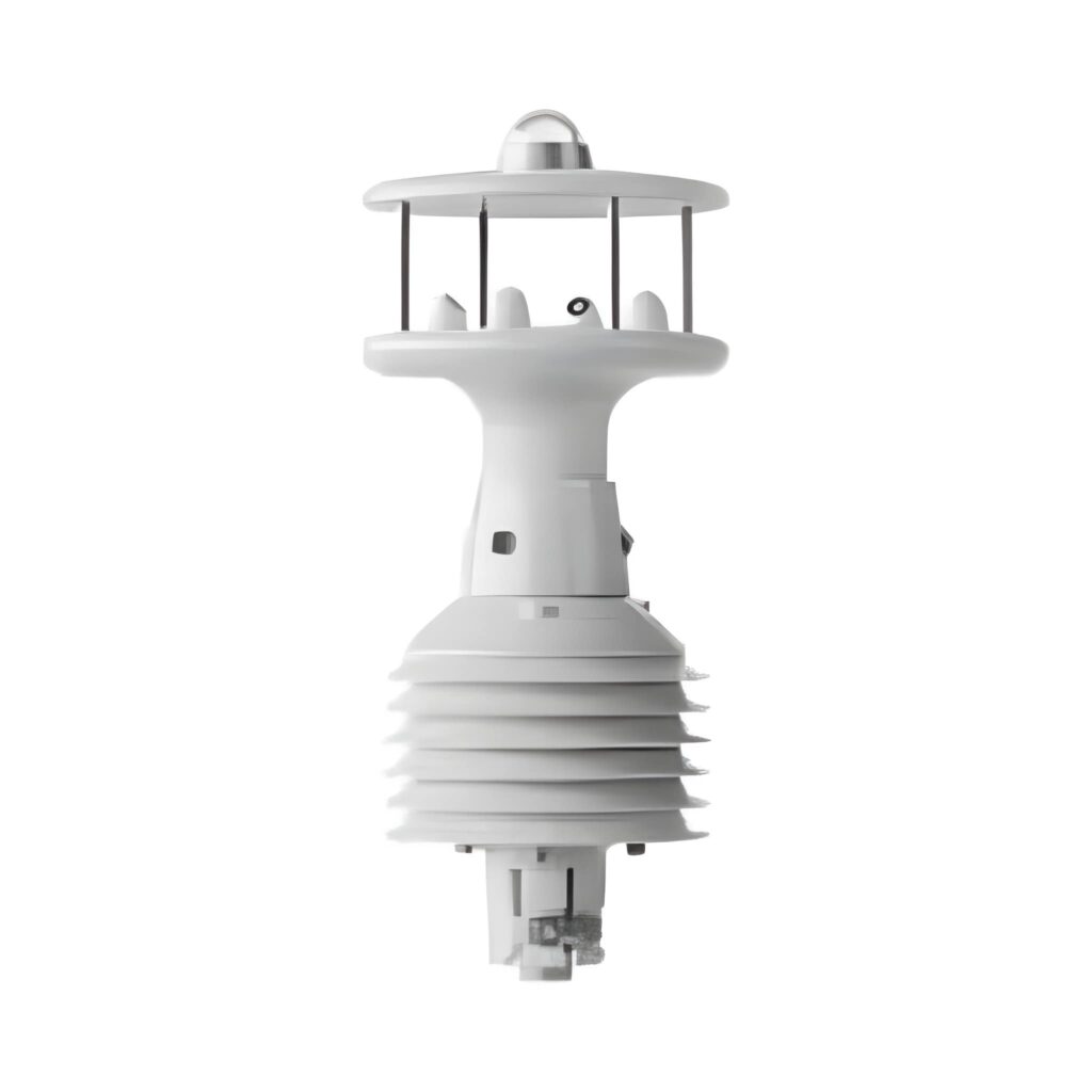 2-axis ultrasonic anemometer with compact white housing and ultrasonic sensor head, used for precise wind speed and wind direction monitoring in weather stations.