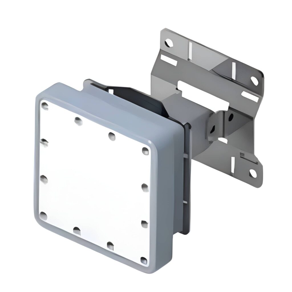 Compact surface velocity radar sensor with metal mounting bracket, used for accurate non-contact surface water velocity monitoring in rivers, canals, and drainage systems.