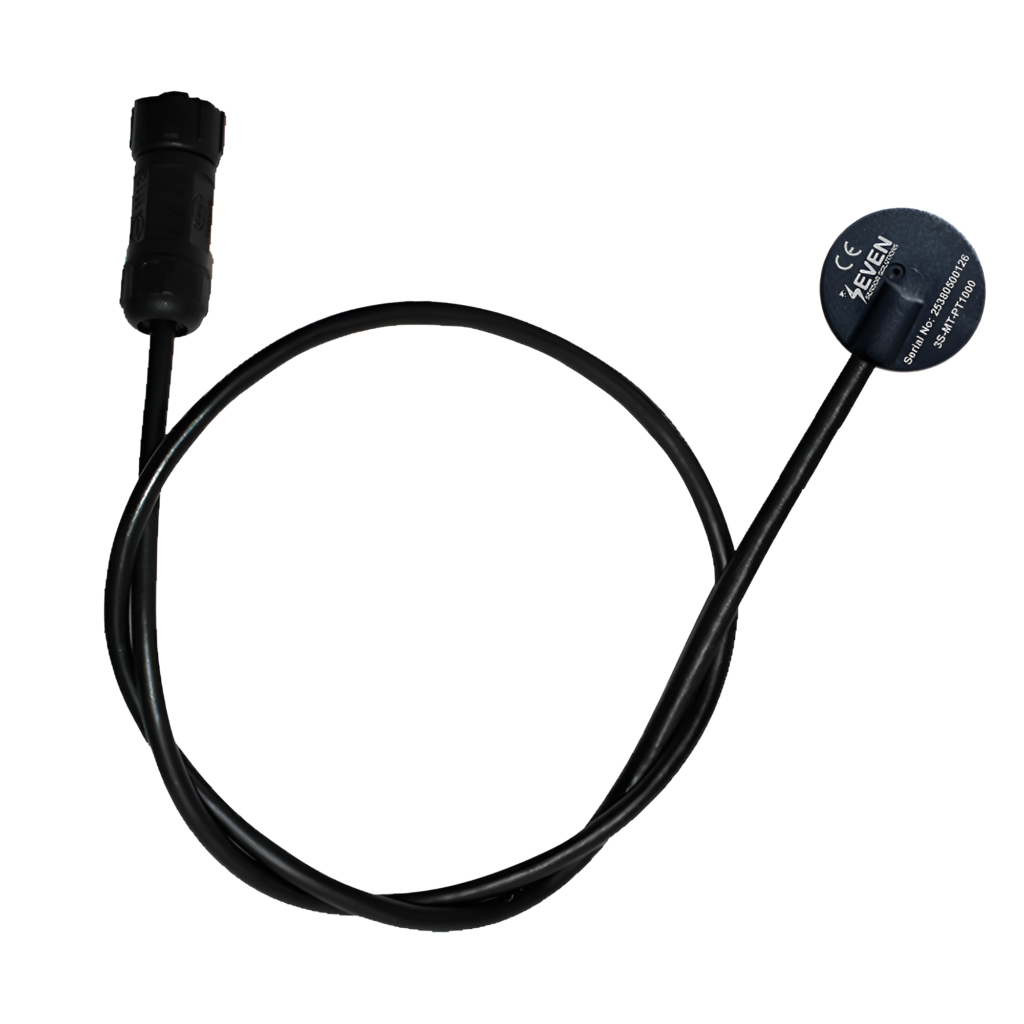 Module temperature sensor with PT1000 probe and cable, designed for accurate solar panel back-side temperature measurement in photovoltaic monitoring systems.