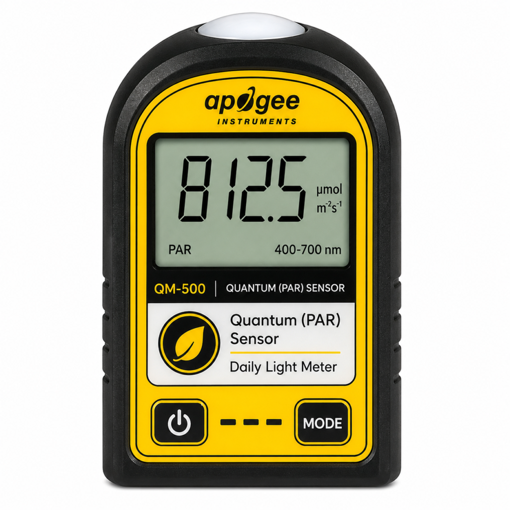 Quantum (PAR) Sensor and Daily Light Meter displaying PAR light intensity measurement for greenhouse, agriculture, plant growth, and environmental monitoring applications.