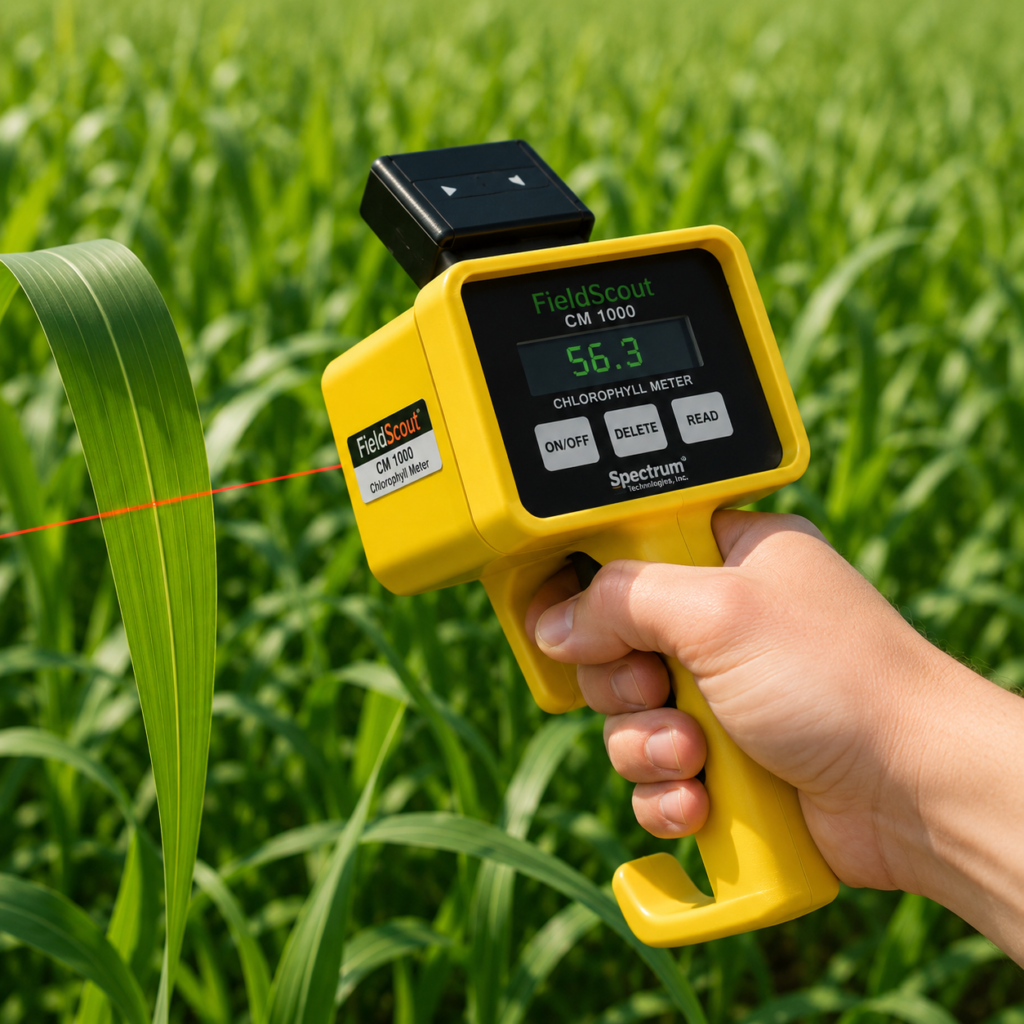 FieldScout CM 1000 Chlorophyll Meter measuring chlorophyll levels in a green crop field using non-contact optical sensing technology.