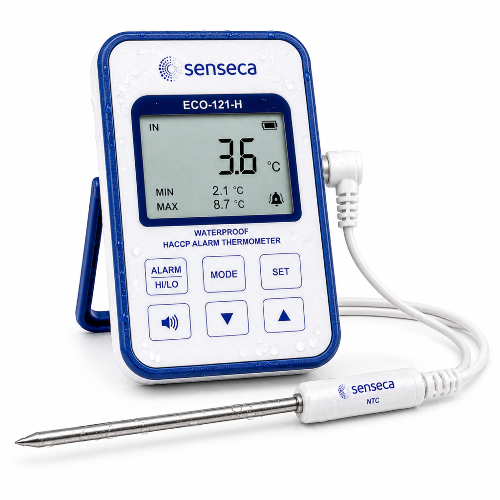 Senseca ECO-121-H waterproof HACCP alarm thermometer with external temperature probe, designed for accurate food safety monitoring in commercial kitchens, refrigeration systems, and cold storage environments. Features alarm alerts, reliable waterproof protection, and precise temperature measurement for HACCP compliance applications.