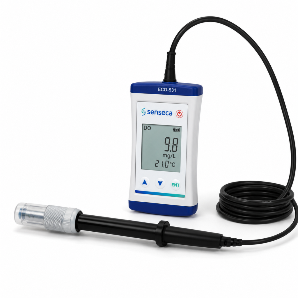 A compact Senseca ECO-531 Dissolved Oxygen Meter with a high-precision DO probe designed for accurate dissolved oxygen and temperature measurement in water analysis applications. The handheld device features a clear digital display showing dissolved oxygen concentration in mg/L and temperature readings, along with an integrated probe connected through a durable cable for reliable field and laboratory operation. Suitable for environmental monitoring, aquaculture, wastewater treatment, laboratory testing, and industrial water quality analysis with stable and dependable dissolved oxygen measurement performance.