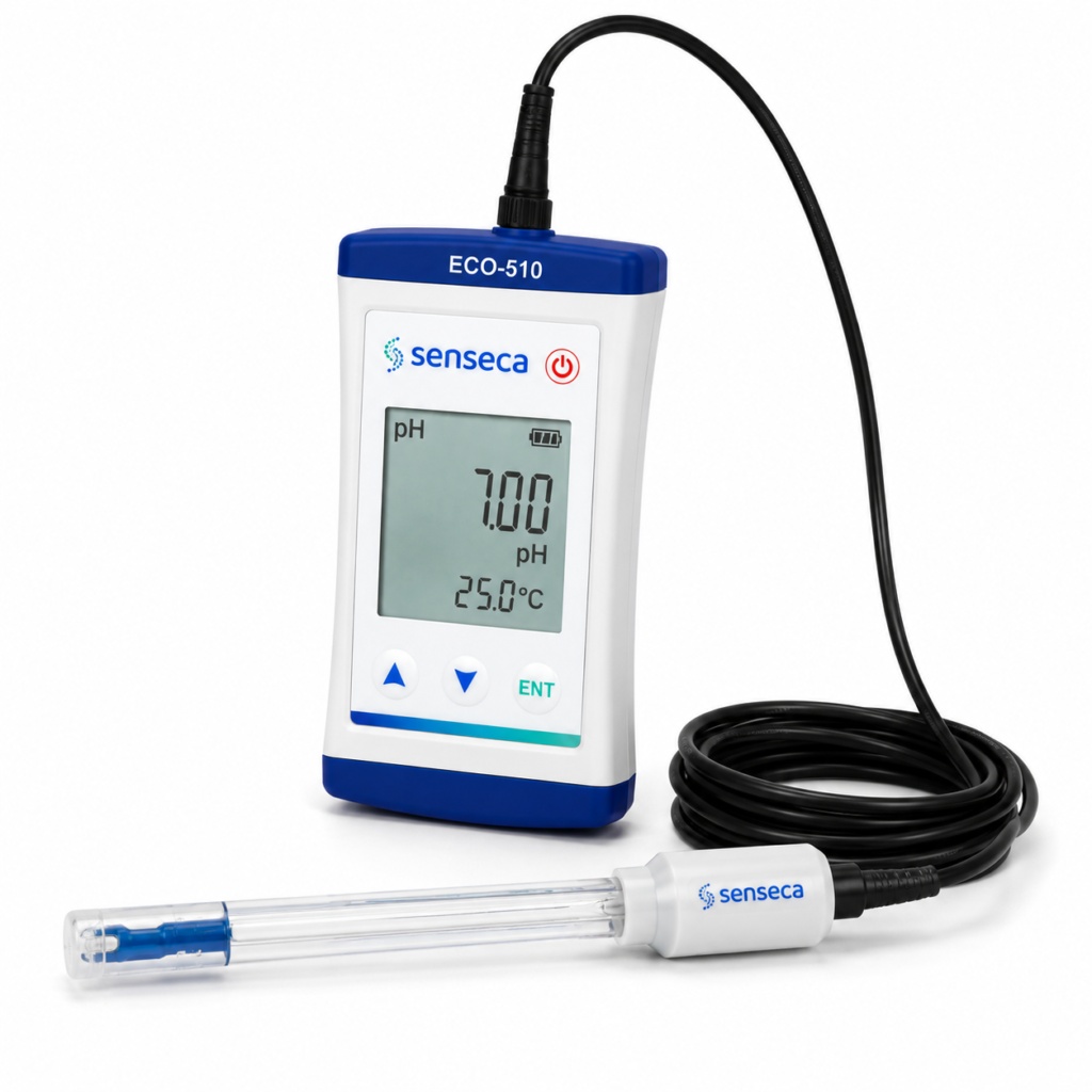 A compact Senseca ECO-510 Waterproof pH Meter with a high-precision pH electrode probe designed for accurate pH and temperature measurement in water analysis applications. The handheld device features a clear digital display showing pH values and temperature readings, along with an external glass electrode connected through a durable cable for reliable laboratory and field operation. Suitable for water quality monitoring, environmental testing, agriculture, hydroponics, aquaculture, laboratory analysis, and industrial process monitoring with stable and dependable pH measurement performance.