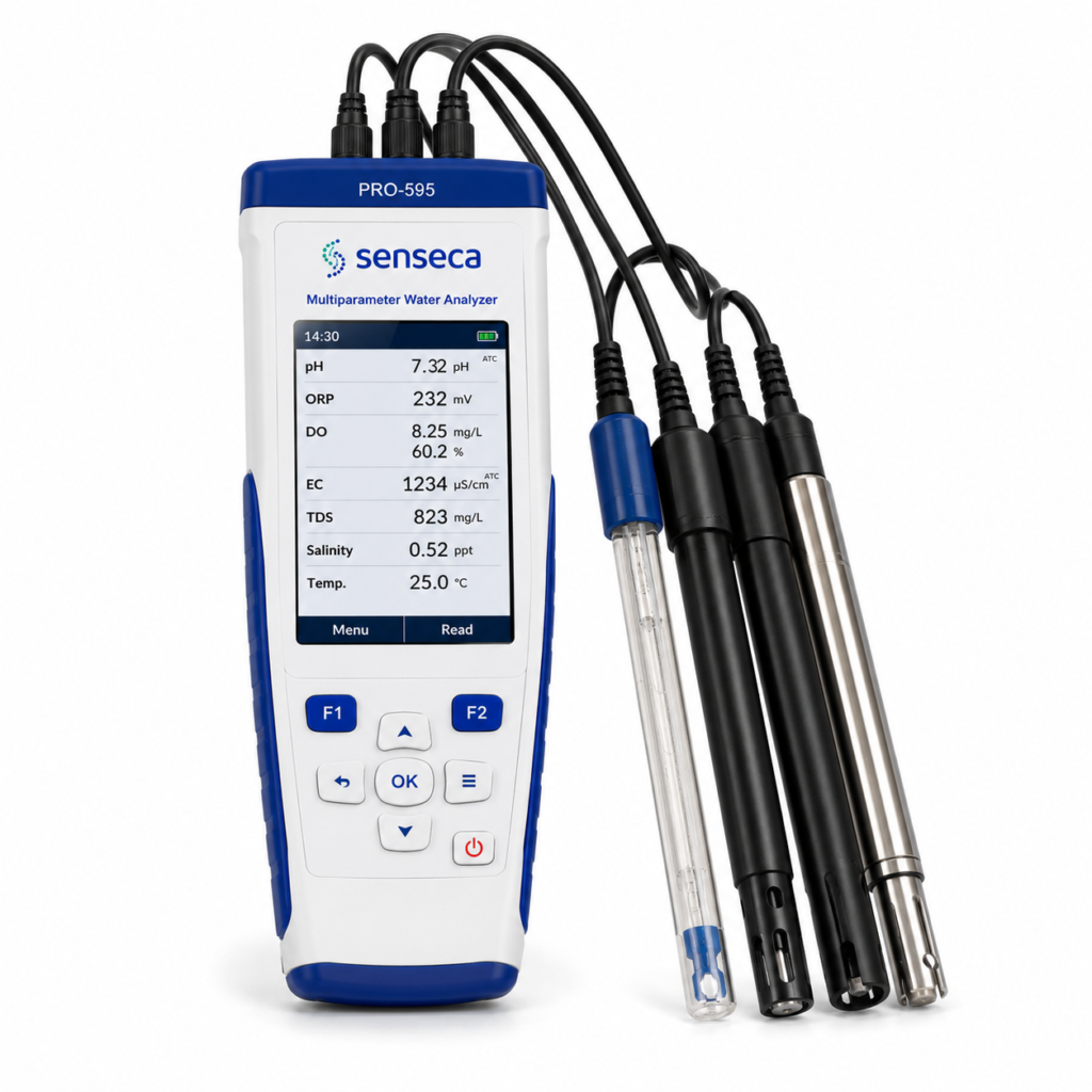 A professional Senseca PRO-595 multiparameter water analysis handheld instrument with multiple connected probes for advanced water quality testing applications. The device features a high-resolution display showing simultaneous measurements of pH, ORP, dissolved oxygen (DO), electrical conductivity (EC), TDS, salinity, and temperature. Designed for laboratory, industrial, environmental, and field water analysis, the PRO-595 supports accurate multiparameter monitoring with interchangeable digital sensors. Ideal for water treatment plants, environmental monitoring, aquaculture, research laboratories, industrial process control, and professional water quality analysis applications.