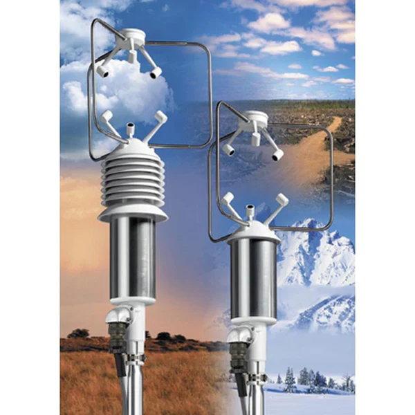 HD2003 3-axis ultrasonic anemometer showing dual configurations, with ultrasonic transducers arranged in a 3D frame for precise wind speed, direction, and atmospheric measurements.