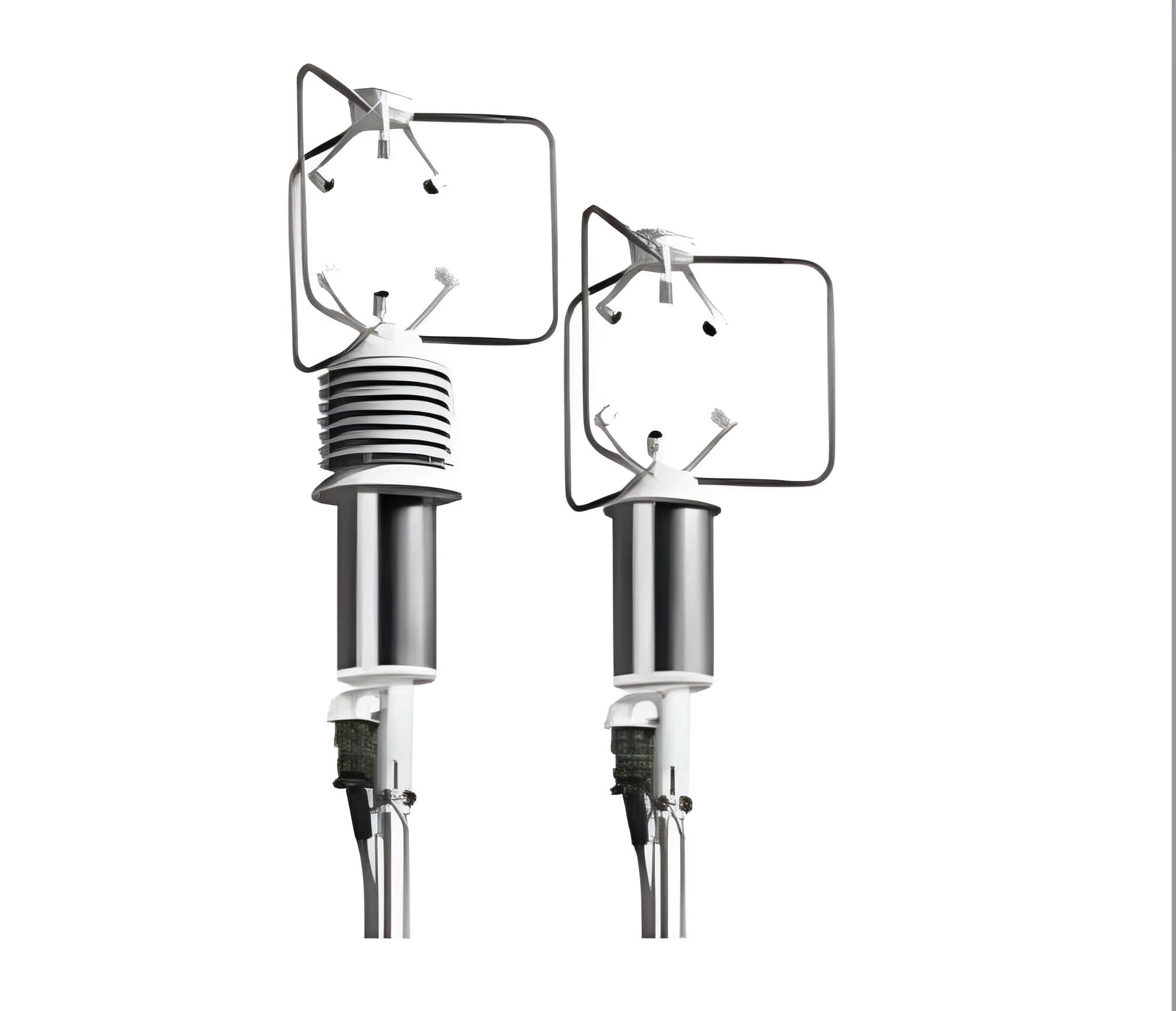 HD2003 3-axis ultrasonic anemometer showing dual configurations, with ultrasonic transducers arranged in a 3D frame for precise wind speed, direction, and atmospheric measurements.