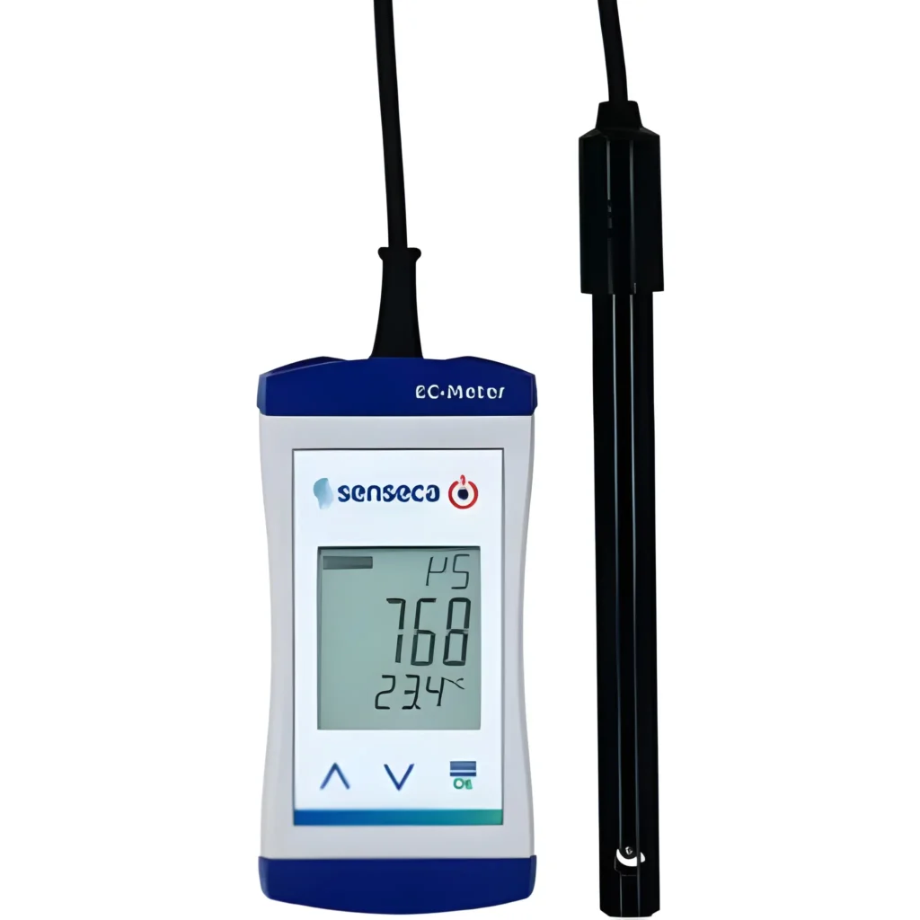 Compact handheld EC Meter / Conductivity Meter with digital display and external probe for accurate conductivity and water quality measurements. The Senseca ECO-521 features a portable lightweight design, easy operation, and reliable EC monitoring performance, making it ideal for laboratory testing, industrial process monitoring, hydroponics, and environmental water analysis.