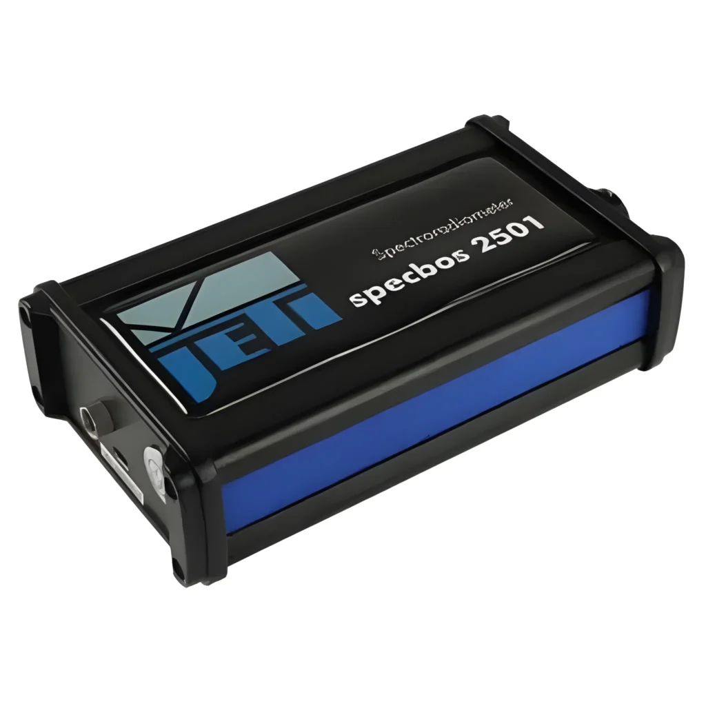Compact JETI Specbos 2501 spectroradiometer designed for high-precision OLED, LED, and display spectral measurement applications with portable laboratory-grade performance.