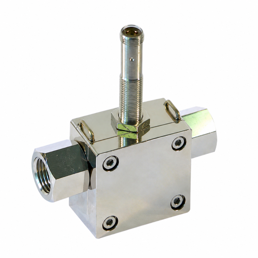 Compact electronic flow switch LABO-RRH-S with a stainless steel housing, threaded process connections, and an integrated sensor probe, designed for reliable flow monitoring and switching in industrial fluid systems.
