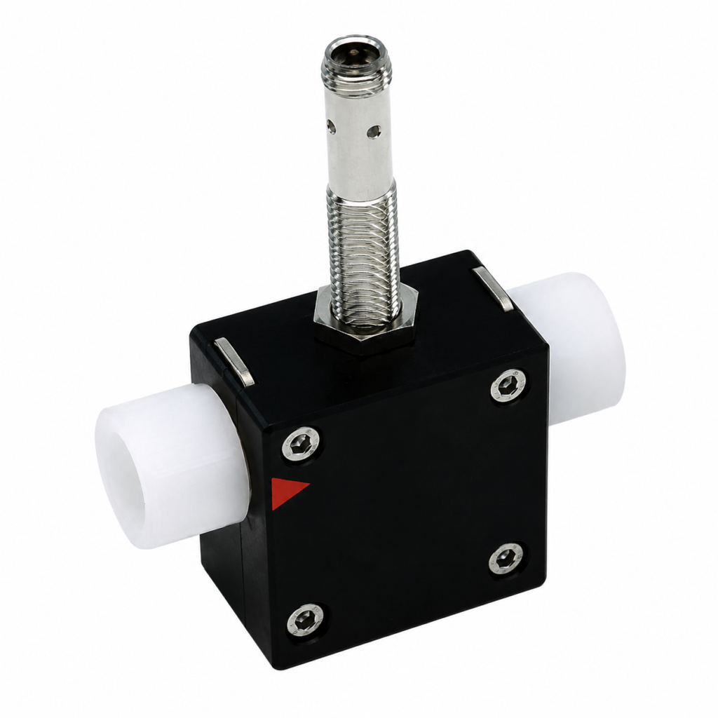 Compact LABO-RRI-S electronic flow switch with a black housing, integrated M12 sensor probe, and white process connections, designed for reliable flow monitoring and switching in industrial liquid applications.