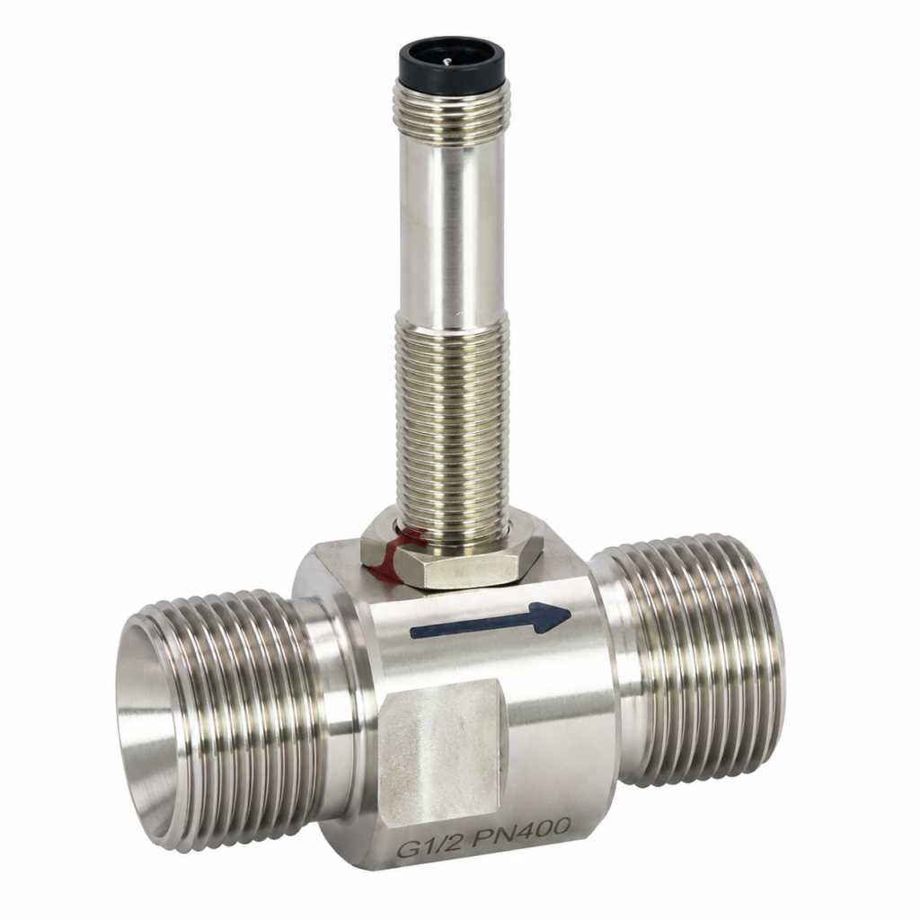 Stainless steel LABO-RT-S electronic flow switch with threaded process connections, integrated sensor probe, and flow direction indicator.