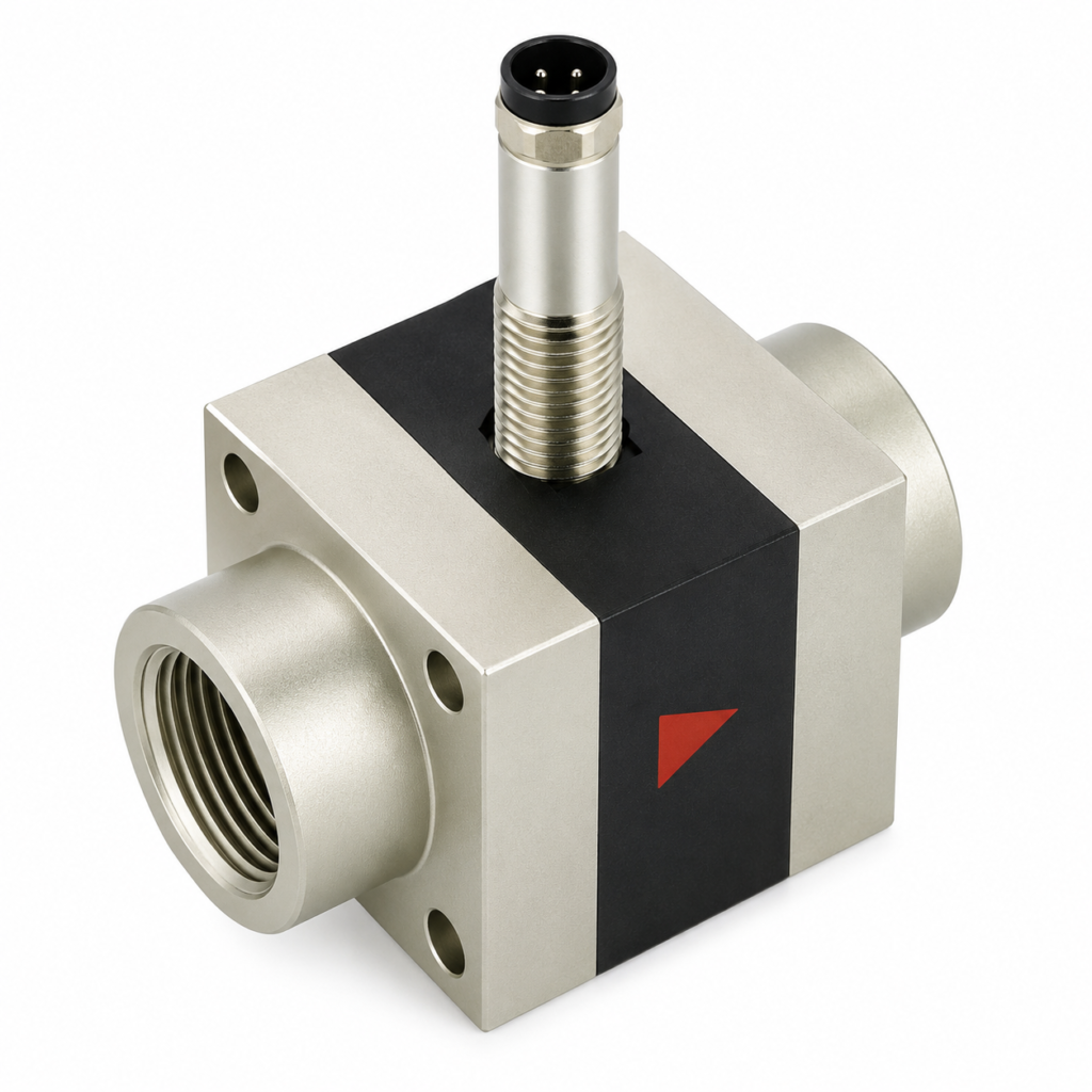 Electronic flow switch LABO-XF-S with compact metal housing, threaded process connection, and top-mounted M12 electrical connector.