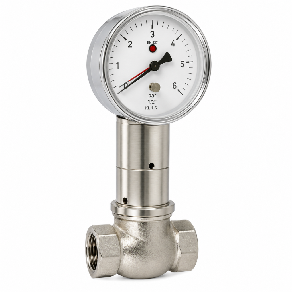 Industrial Flow Switch TZ1-…GR featuring a large analog dial indicator mounted on a brushed stainless steel stem and compact threaded valve body. The device includes a 0–6 bar gauge with black and red pointers, a polished metal housing, and female threaded process connections, providing visual flow monitoring and switching for industrial fluid systems.