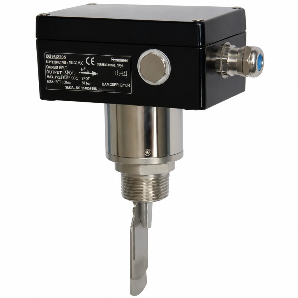 Flow Monitor UBX-025 with a black control housing, stainless steel threaded process connection, and paddle-style sensing element for industrial flow monitoring applications.