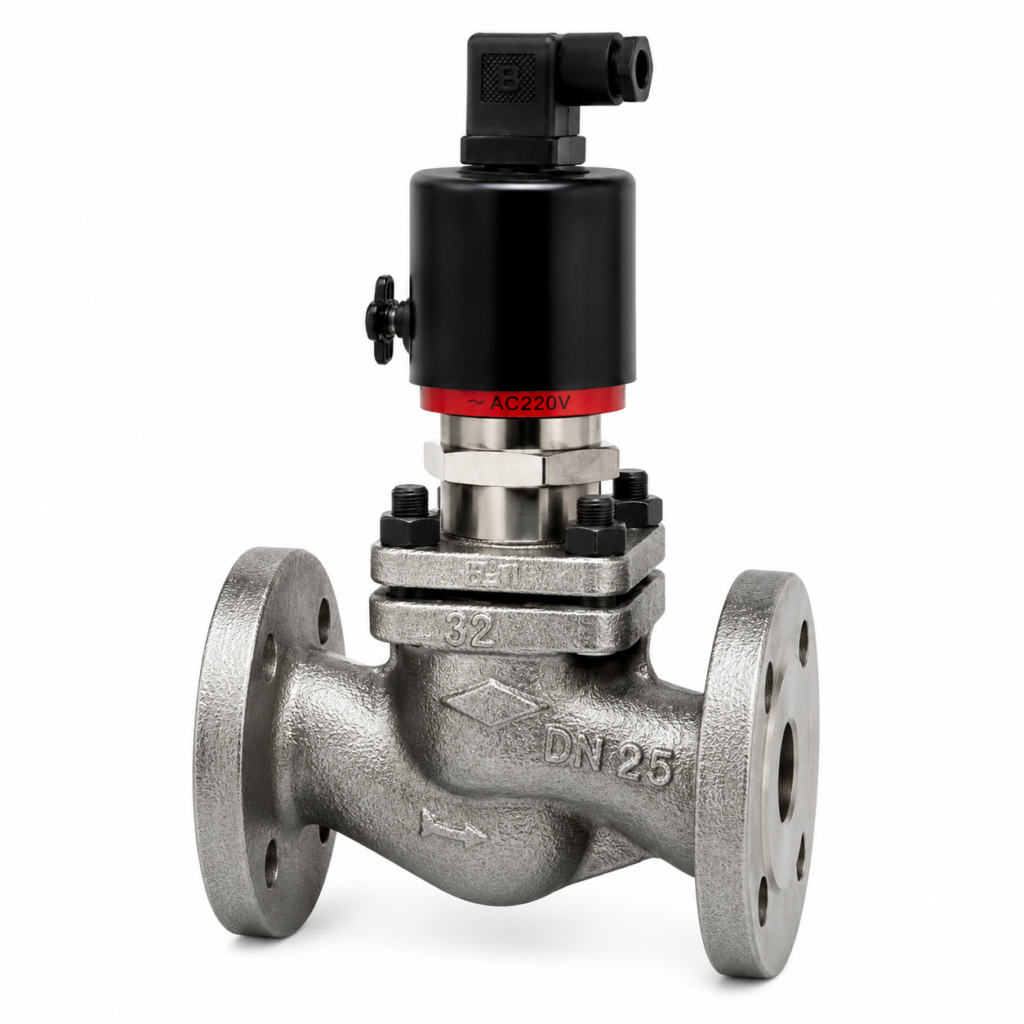 Flow Switch VD-…FG with an AC220V solenoid actuator mounted on a flanged stainless steel valve body. The industrial flow switch features a black cylindrical actuator housing with an electrical connector, bolted top assembly, DN25 marking, and flow direction arrow, designed for reliable automatic flow control in liquid and gas process systems.