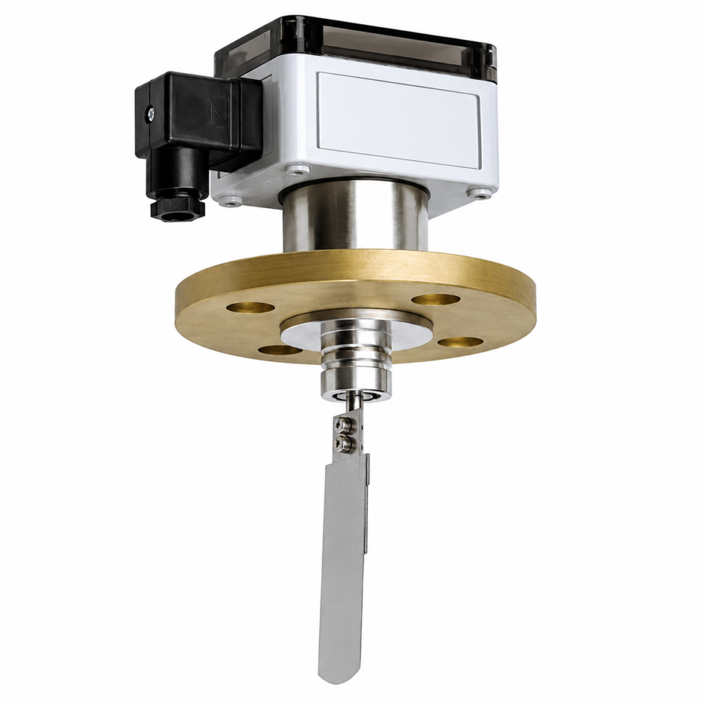 Product image of the Flow Switch – UB1 (Senseca) shown against a light gray background. The device features a rectangular gray housing with a black electrical connector mounted on the side and a transparent dark cover along the top edge. A cylindrical stainless-steel stem extends downward through a circular brass mounting flange with four evenly spaced bolt holes. Below the flange, a polished metal shaft supports a vertically oriented flat stainless-steel paddle secured with two screws, designed to deflect in response to fluid flow. The image is a clean studio photograph with no visible text overlays or surrounding objects.