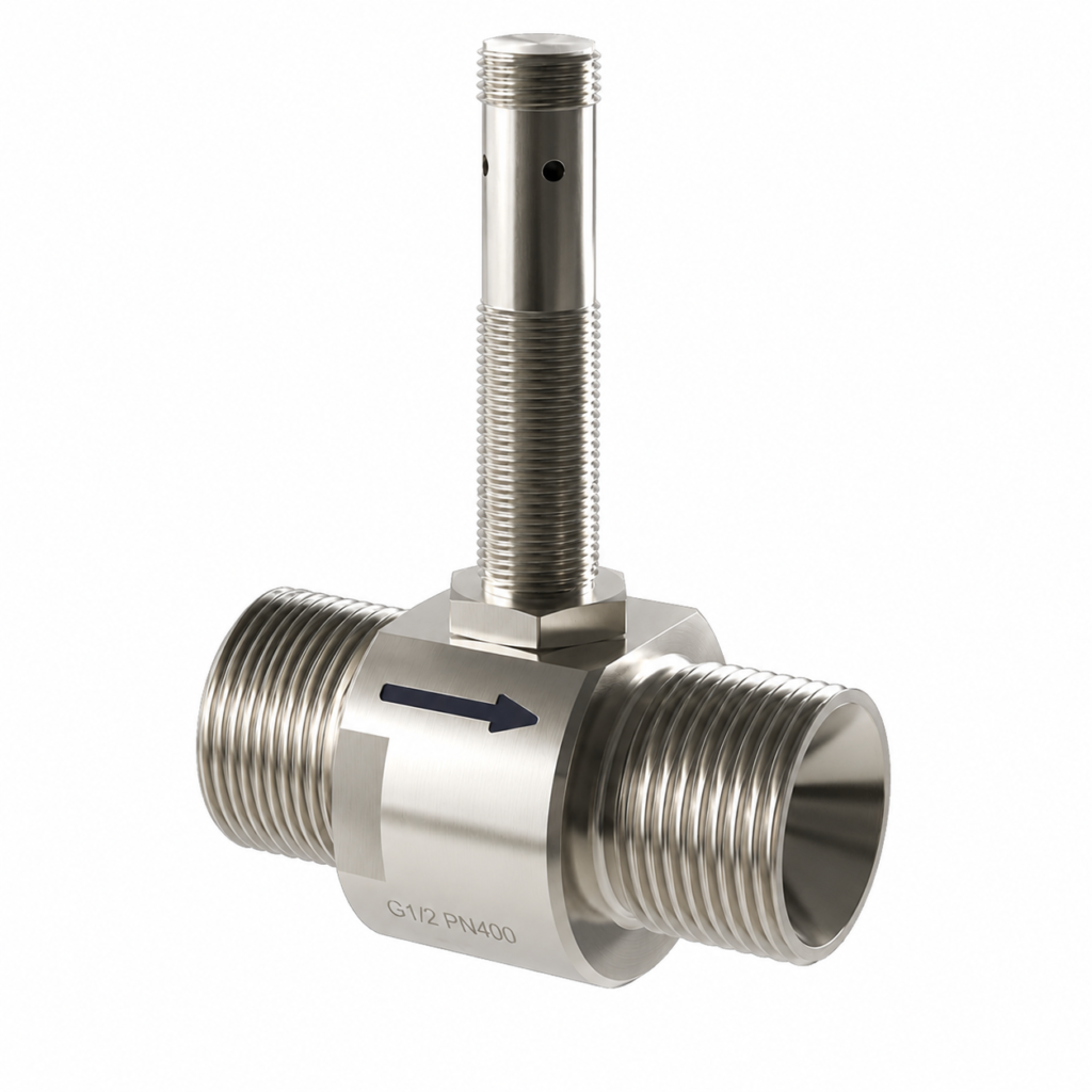 Stainless steel LABOPLUS-RT flow transmitter with threaded process connections, directional flow arrow, and top-mounted sensor probe.