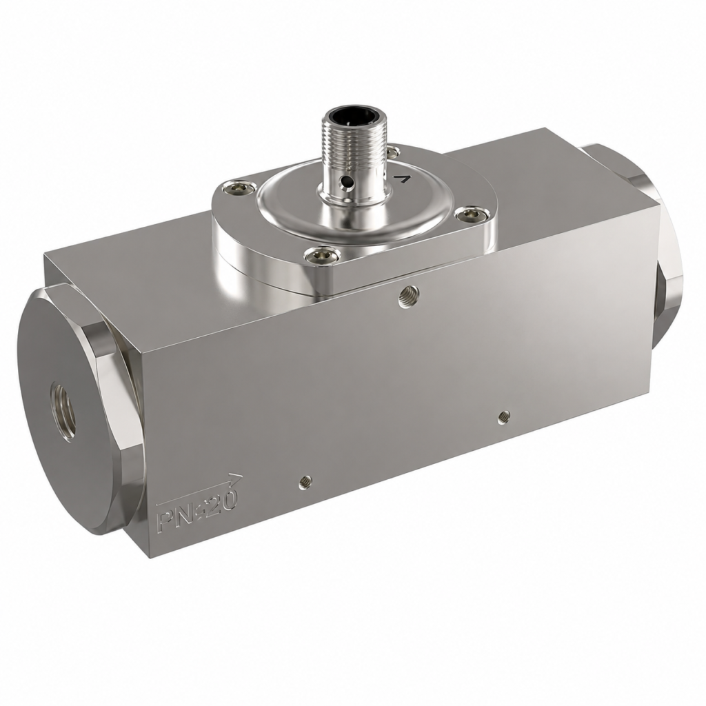 Flow Transmitter / Switch LABOPLUS-HD1 with stainless steel inline body, high-pressure housing, threaded process connections, and top-mounted sensor connector.