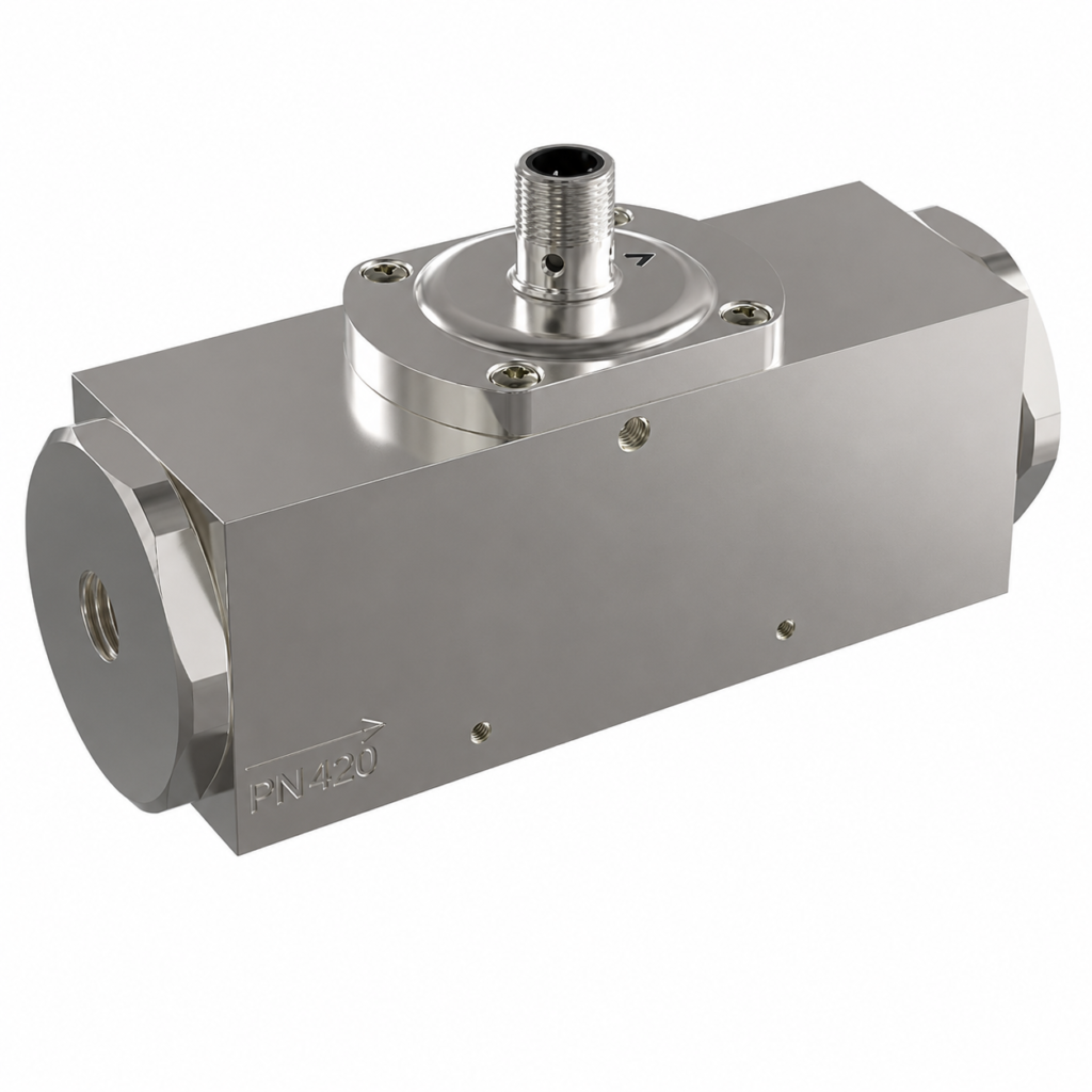 Flow Transmitter / Switch LABOPLUS-HD2 with a compact stainless steel block body, threaded process connections, and top-mounted M12 electrical connector for industrial flow monitoring.