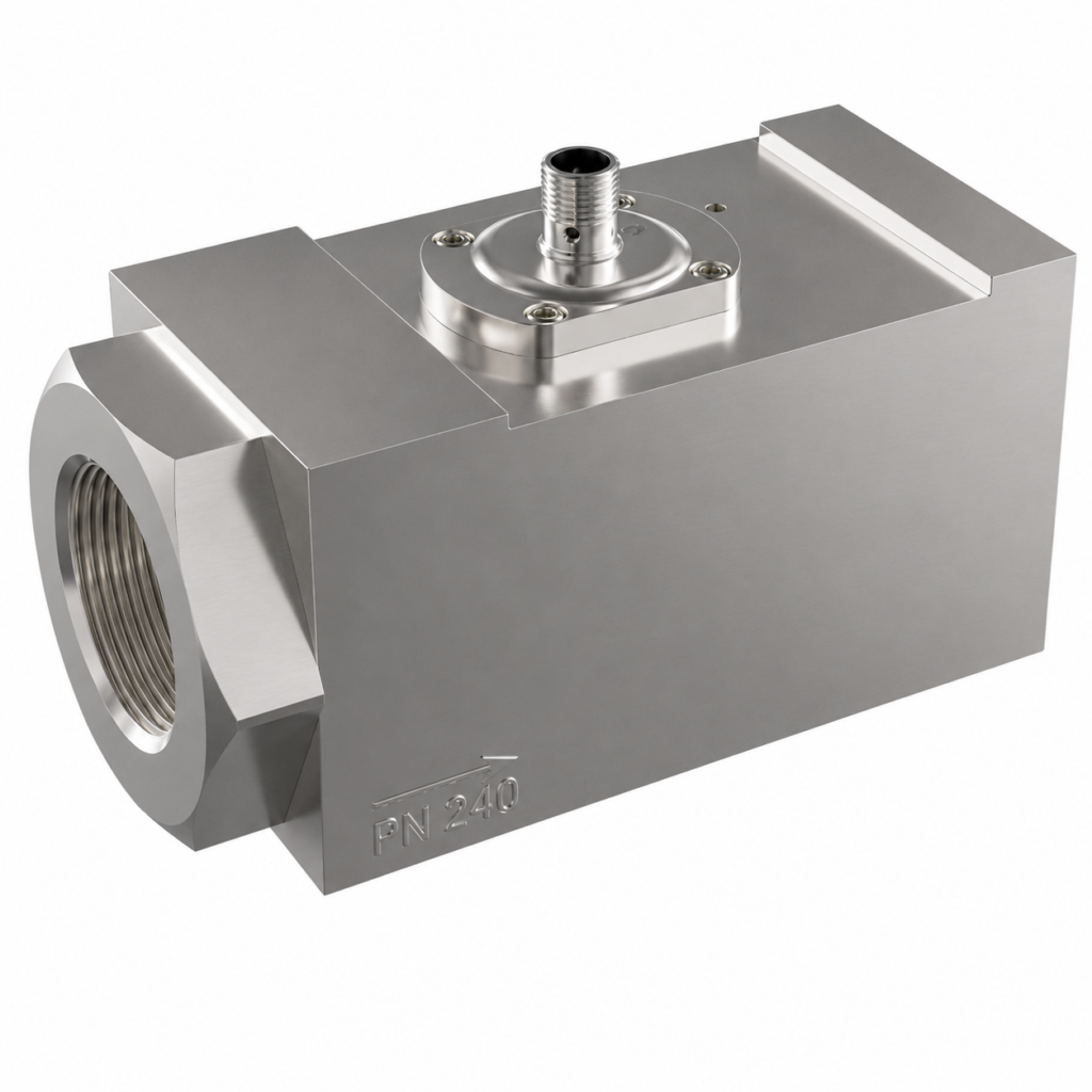 Stainless steel LABOPLUS-HR1MV flow transmitter/switch with compact block design and threaded process connection for industrial flow monitoring.