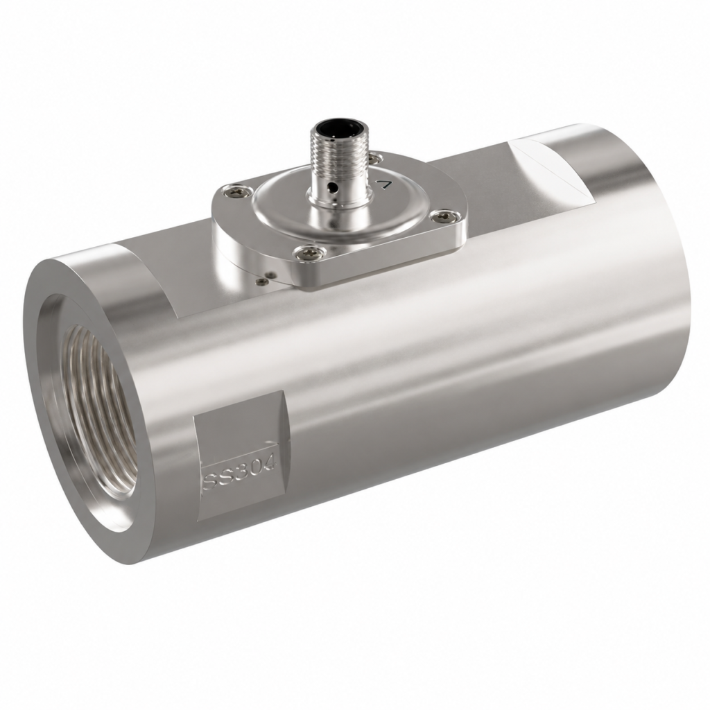 Stainless steel LABOPLUS-HR2 flow transmitter/switch with inline threaded connections for accurate industrial flow monitoring.