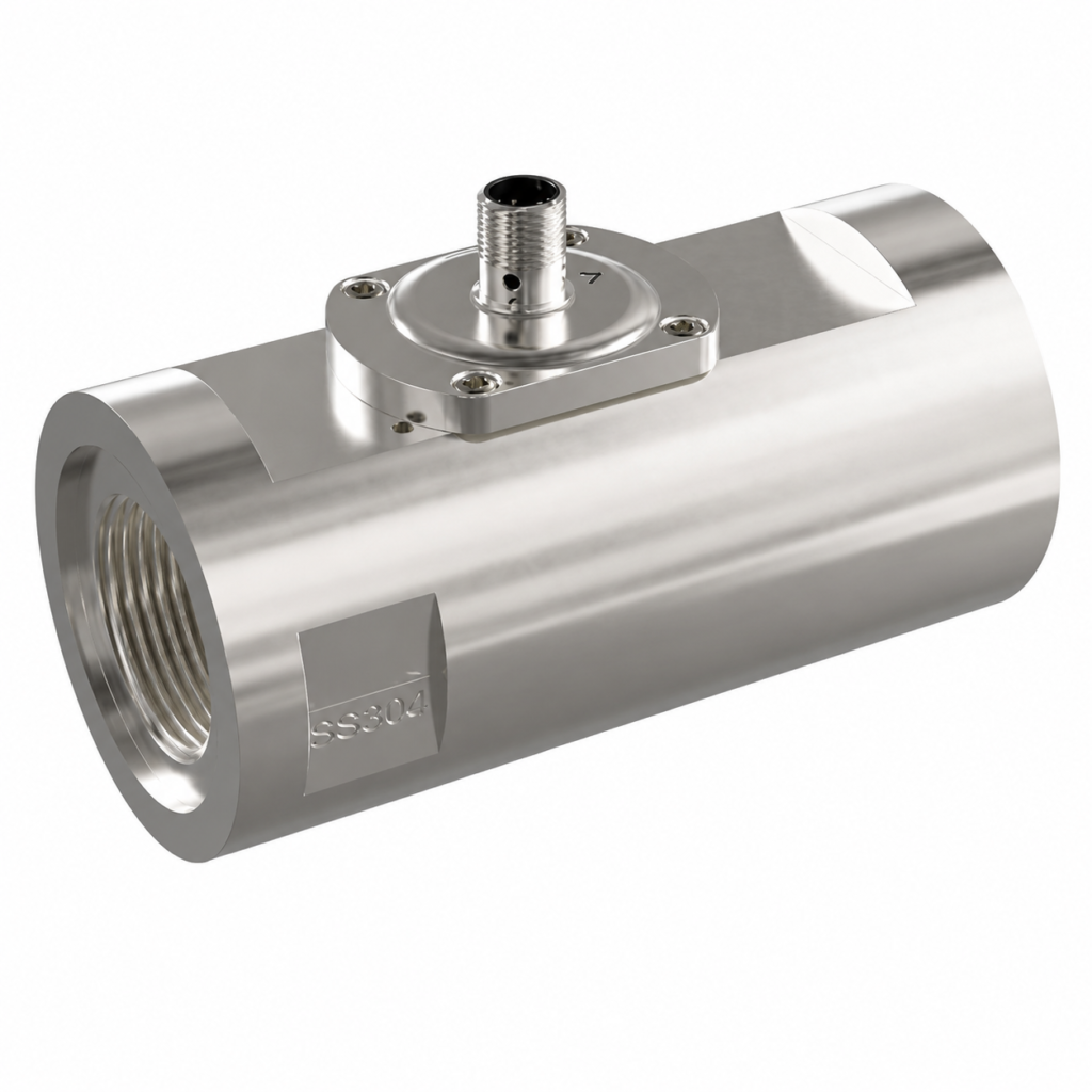 Flow Transmitter / Switch LABOPLUS-HR2V with stainless steel inline body, threaded process connections, and top-mounted sensor connector.