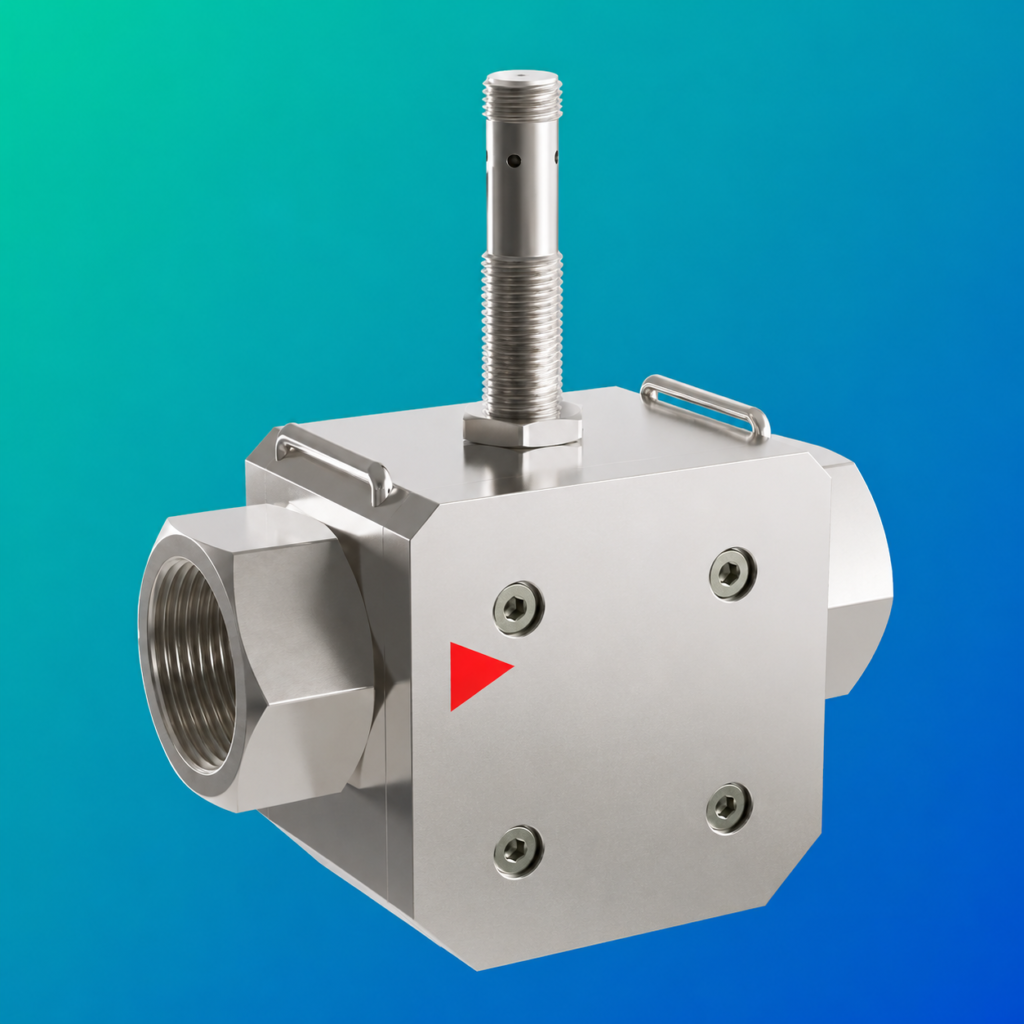 Flow Transmitter / Switch LABOPLUS-RRH with robust stainless steel inline flow sensor body, threaded process connections, integrated sensor probe, and compact industrial housing for precise flow measurement and switching in liquid applications.