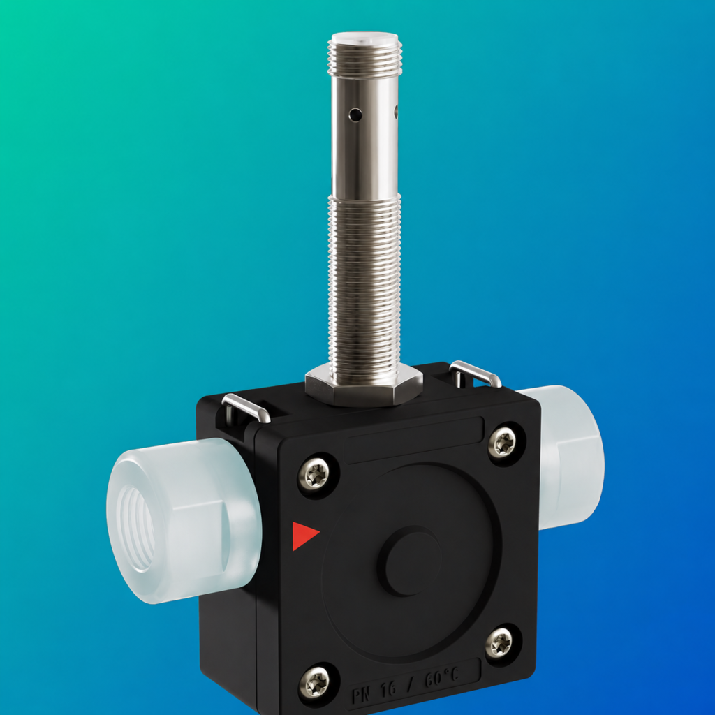 Flow Transmitter / Switch LABOPLUS-RRI with compact inline flow sensor body, threaded plastic process connections, stainless steel probe, and robust housing for accurate flow measurement and switching in industrial liquid applications.