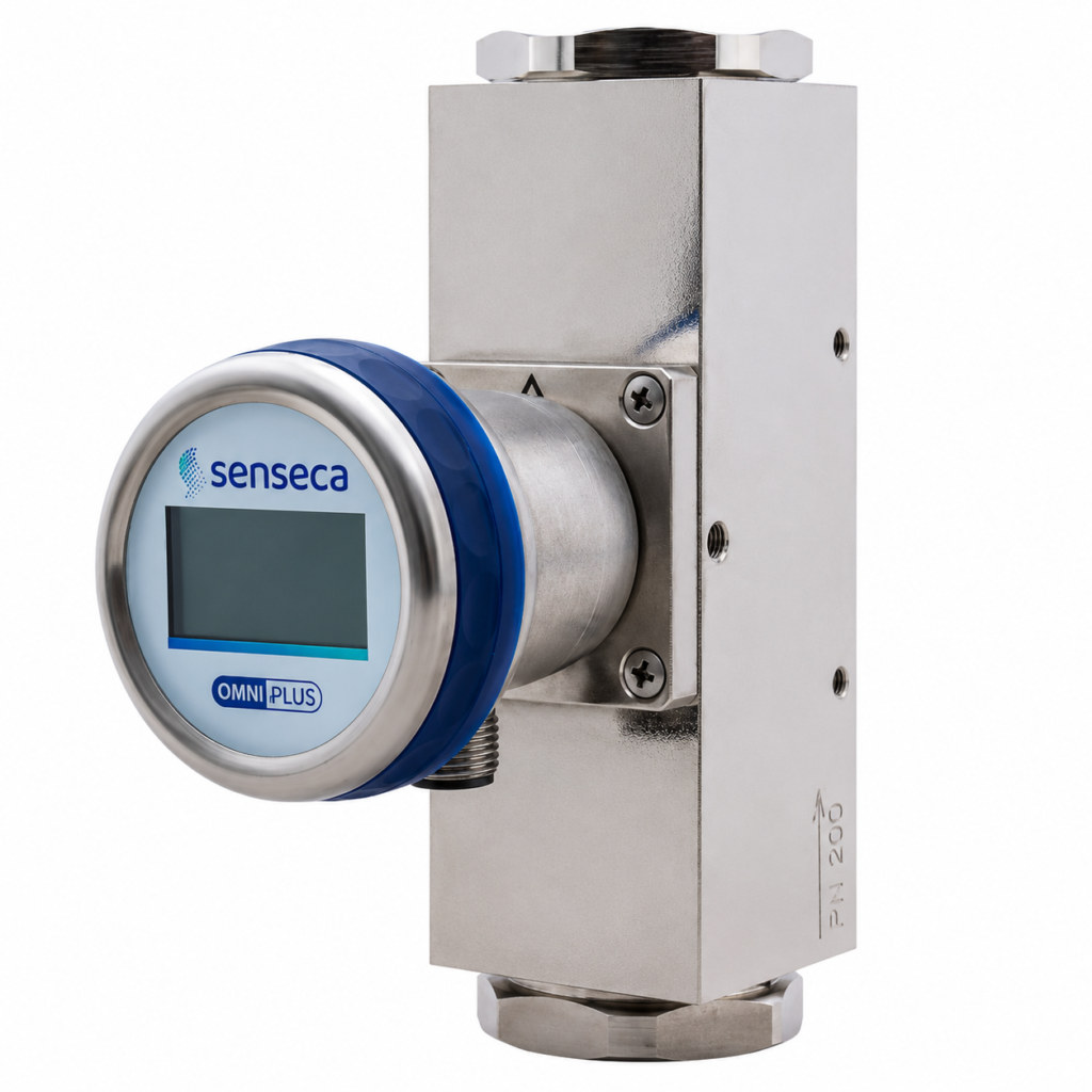 Stainless steel OMNIPLUS-HD1 flow transmitter and switch with integrated digital display for industrial flow monitoring.