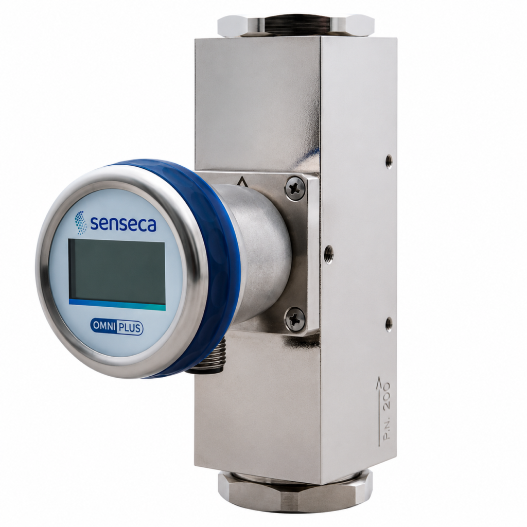 Stainless steel OMNIPLUS-HD2 flow transmitter and switch with integrated digital display for industrial flow monitoring.