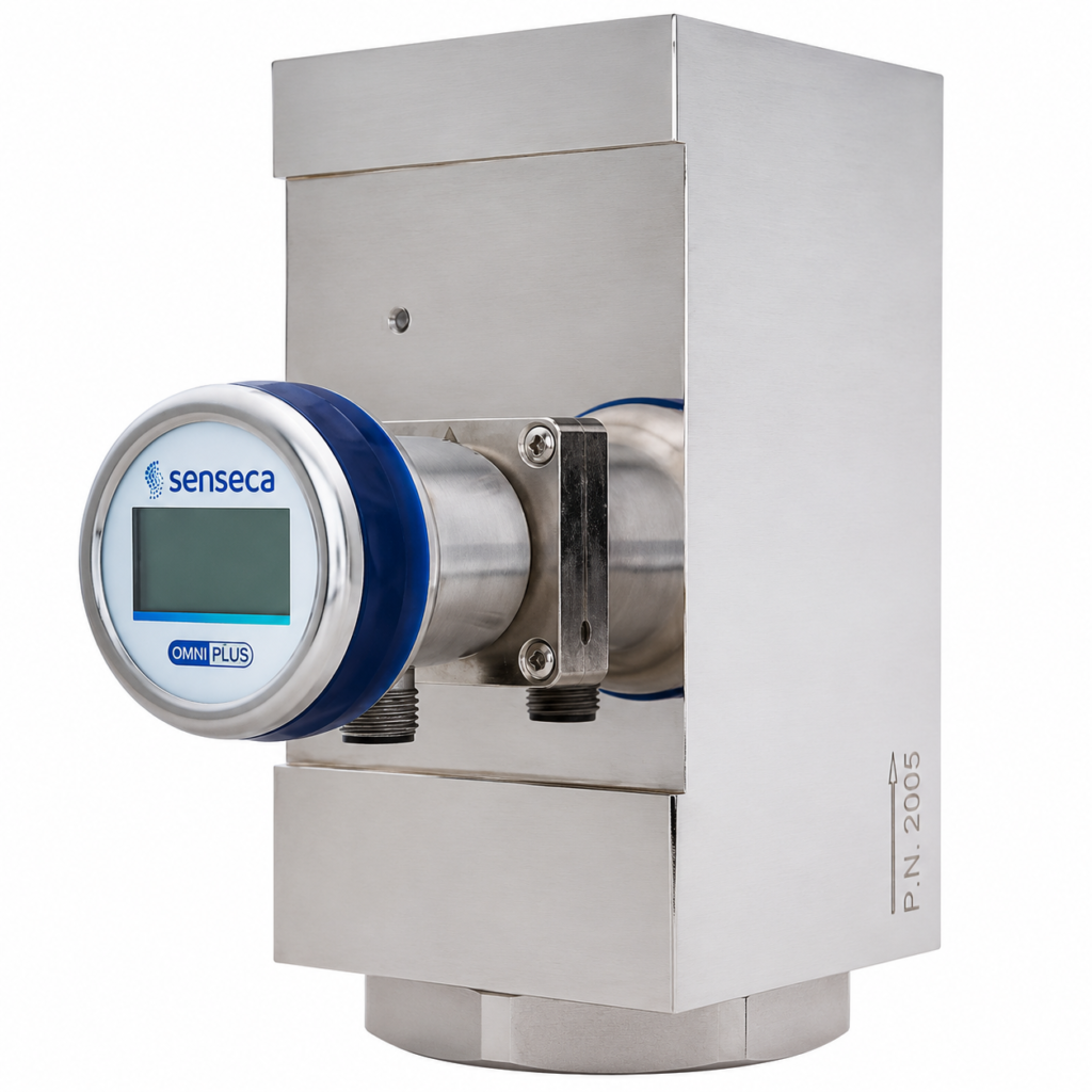 Stainless steel OMNIPLUS-HR1MV flow transmitter and switch with front-mounted digital display for industrial flow monitoring.