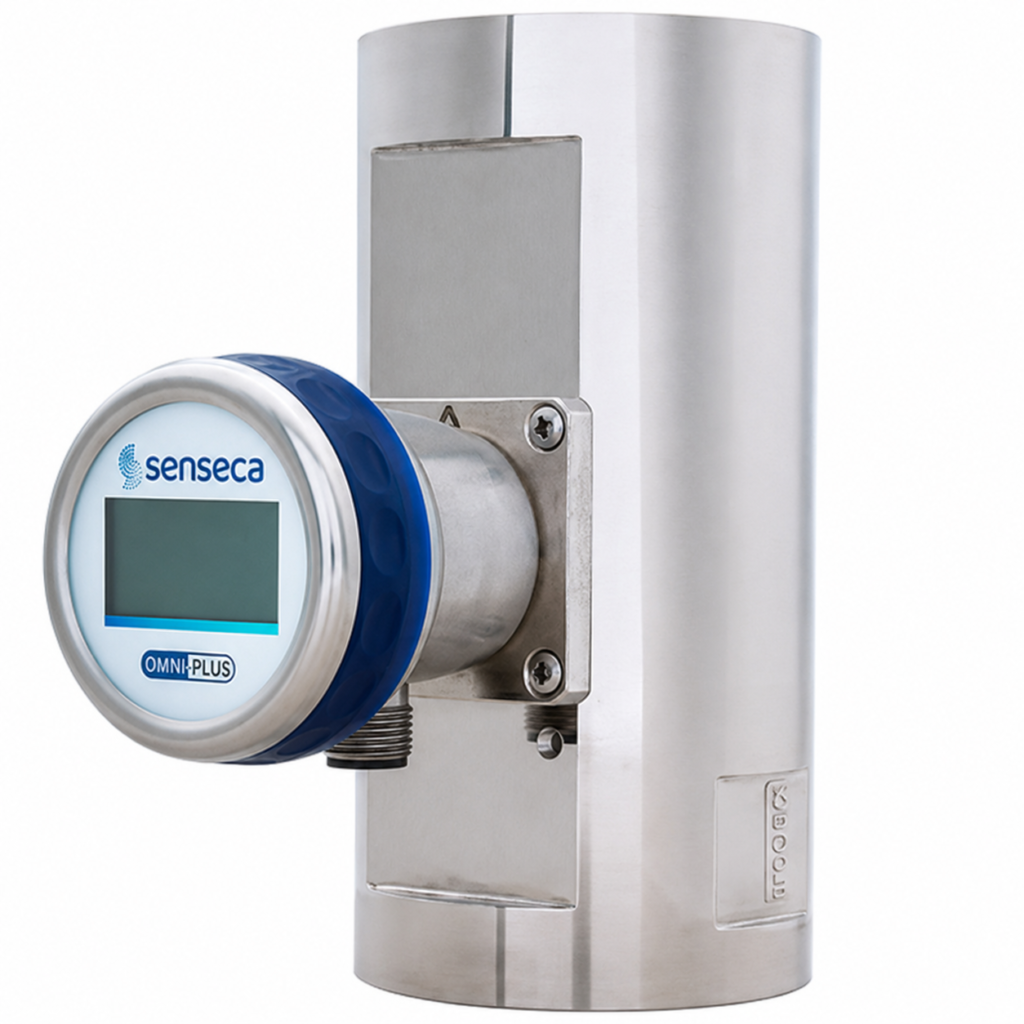 Stainless steel OMNIPLUS-HR2 flow transmitter and switch with integrated digital display for industrial liquid flow monitoring.