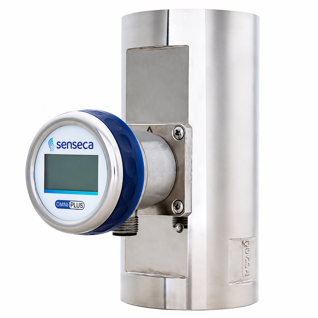 Stainless steel OMNIPLUS-HR2V flow transmitter and switch with integrated digital display for industrial liquid flow monitoring