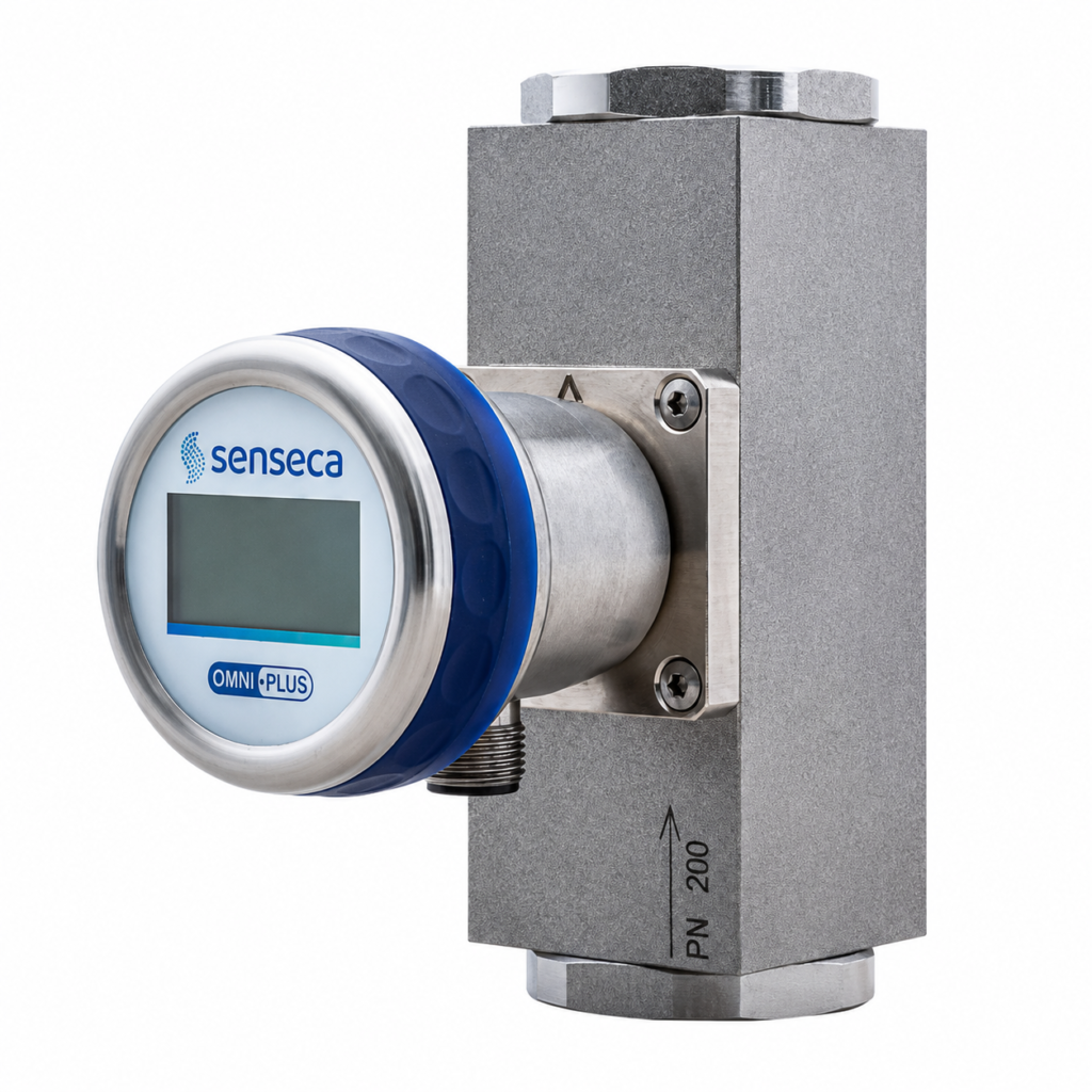 Stainless steel OMNIPLUS-MR1 flow transmitter and switch with integrated digital display for industrial liquid flow monitoring.