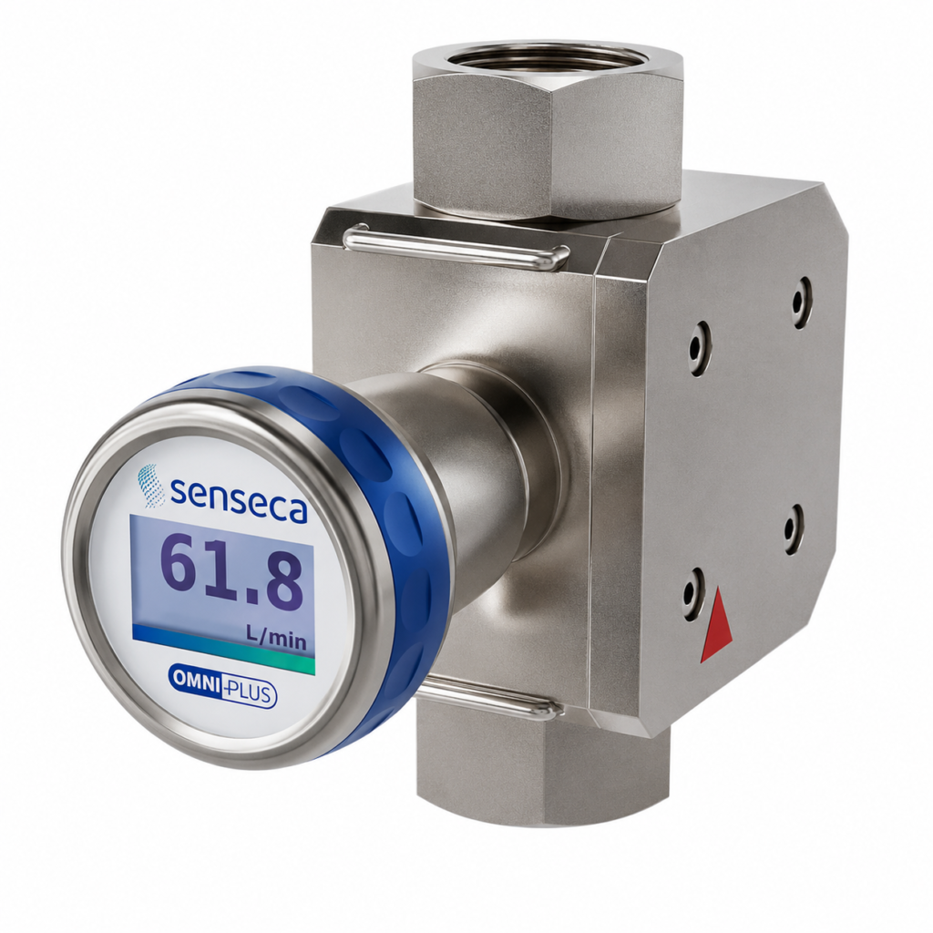Flow Transmitter / Switch OMNIPLUS-RRH with digital display, stainless steel housing, and integrated flow monitoring for industrial liquid measurement and switching applications.