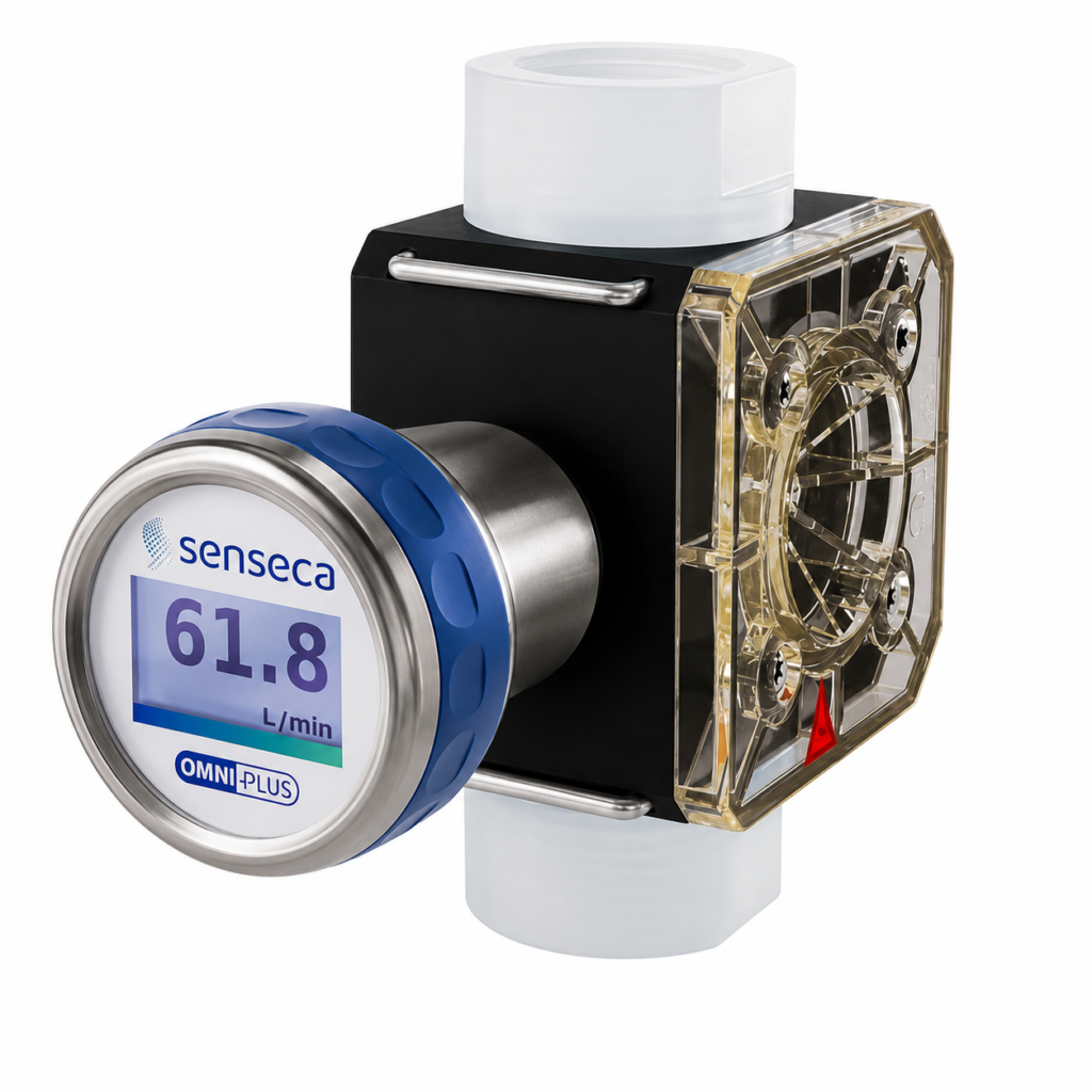 Flow Transmitter / Switch OMNIPLUS-RRI with digital display, transparent flow chamber, and integrated flow monitoring for industrial liquid measurement and switching applications.