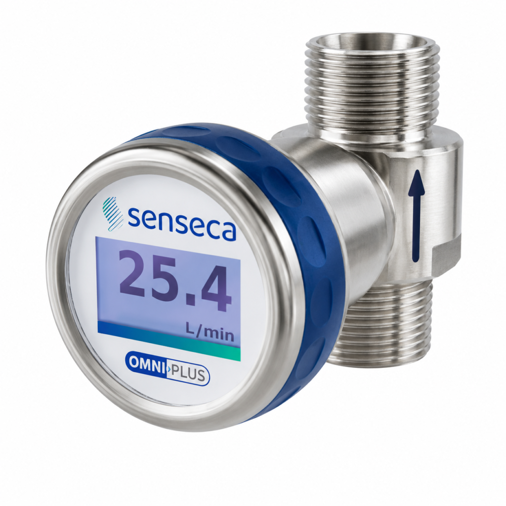 Flow Transmitter Switch OMNIPLUS-RT with integrated digital display, stainless steel body, threaded process connections, and flow direction indicator.