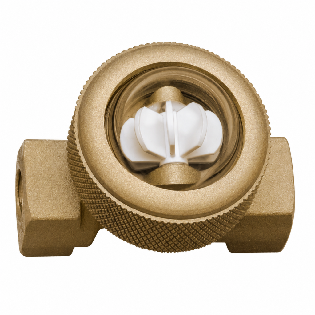 Flow indicator RL with transparent viewing window, brass body, and rotating white impeller for visual flow monitoring in liquid systems.
