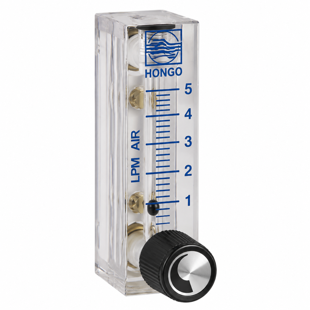 Transparent Flow Indicator UK-020 with a vertical LPM air scale, adjustable control knob, and clear housing for visual flow measurement and regulation.