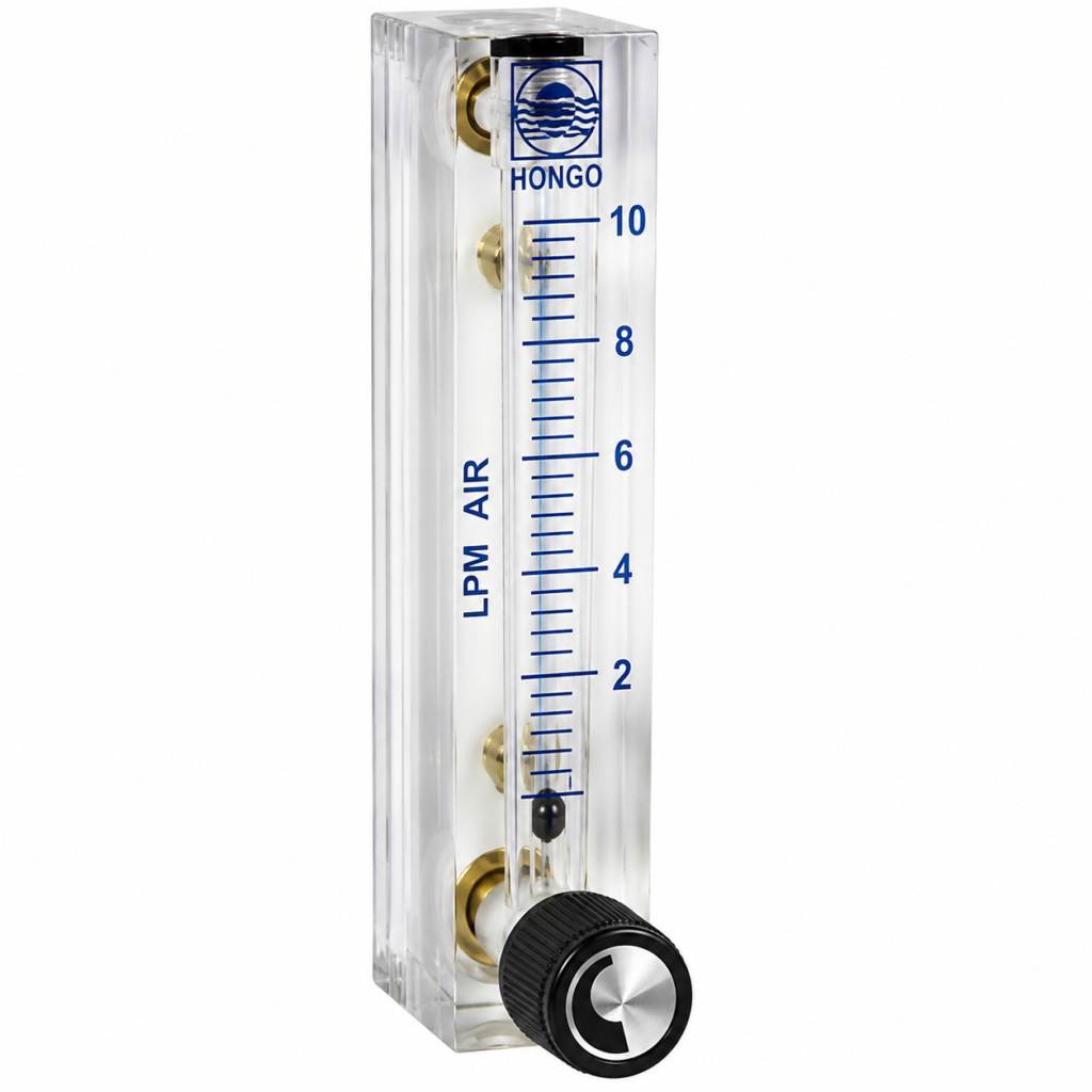 Transparent UK-040 flow indicator with a blue 0–10 LPM air scale, adjustable black control knob, and clear acrylic body for visual flow monitoring.