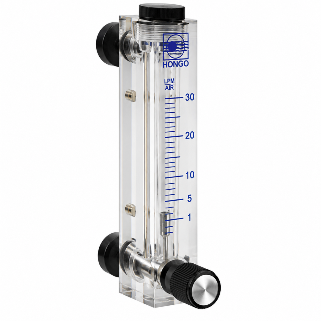 Transparent UK-050 flow indicator with a 1–30 LPM air scale, adjustable control knob, and clear acrylic body for precise visual flow measurement and regulation.