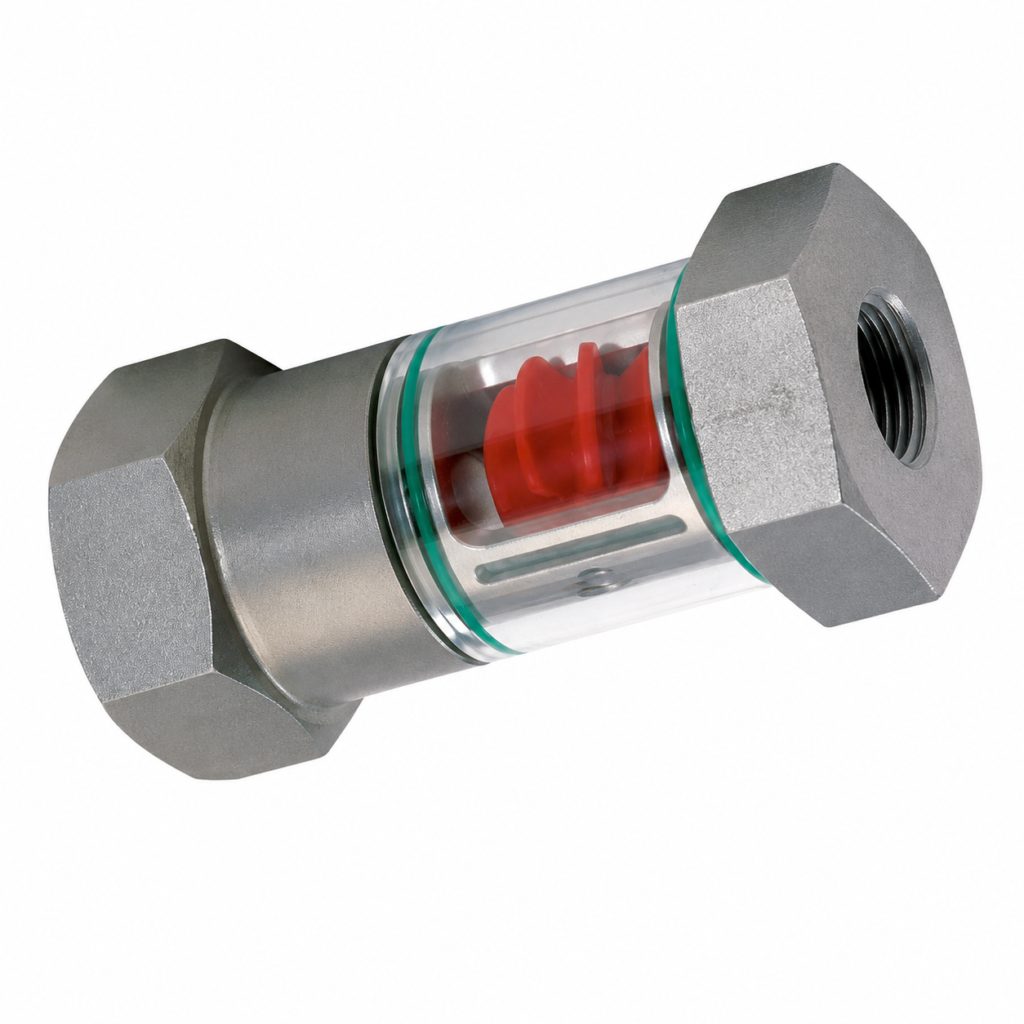 Transparent flow indicator with red visual indicator and stainless steel threaded connections for monitoring liquid flow.