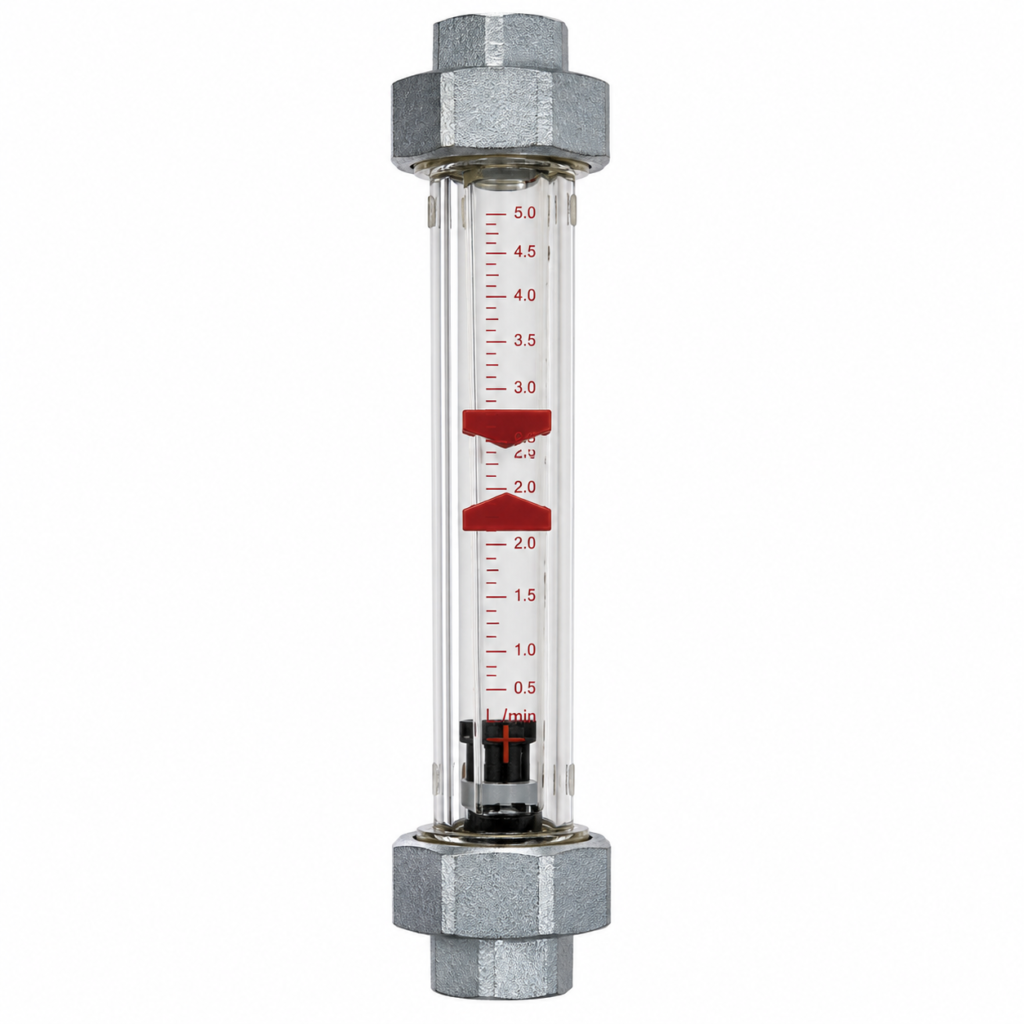 Transparent Flow Indicator Switch GK with vertical flow tube, red flow markers and graduated scale, housed between metal threaded end fittings for visual flow monitoring.